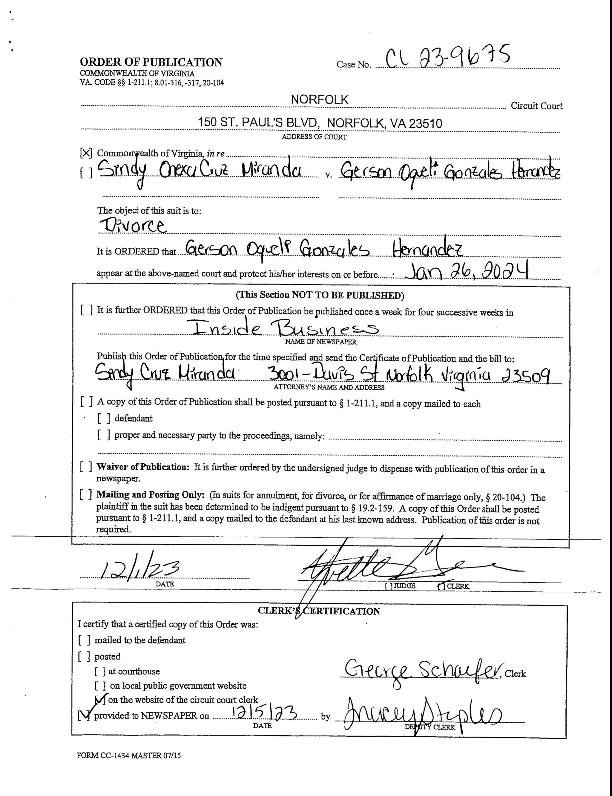 CL 23-9675 Order of Publication