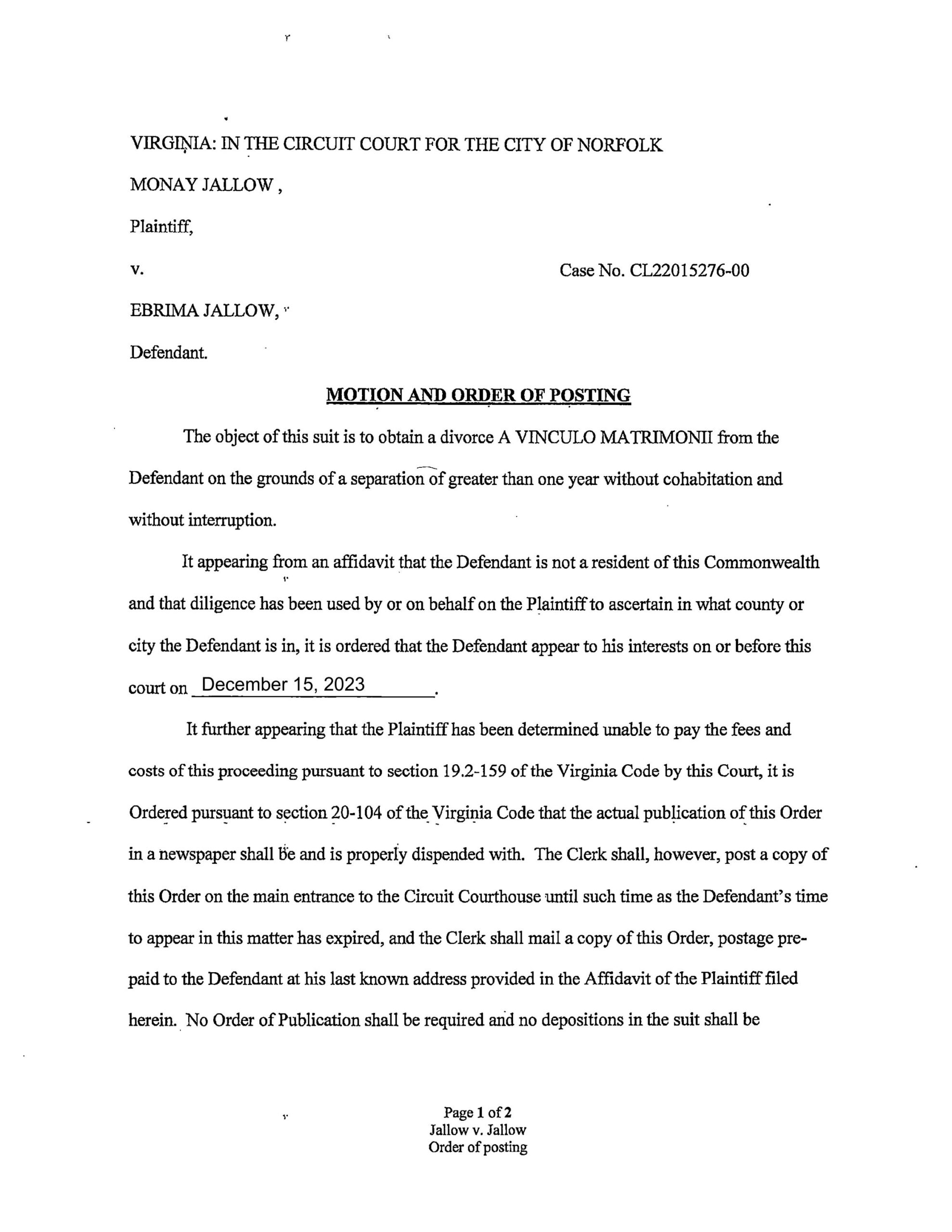 CL 22-15276 Order of Posting