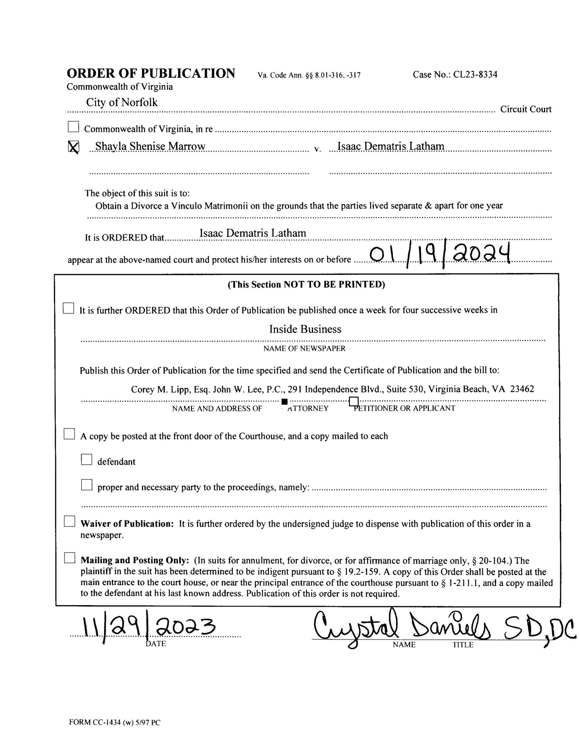 CL23-8334 ORDER OF PUBLICATION