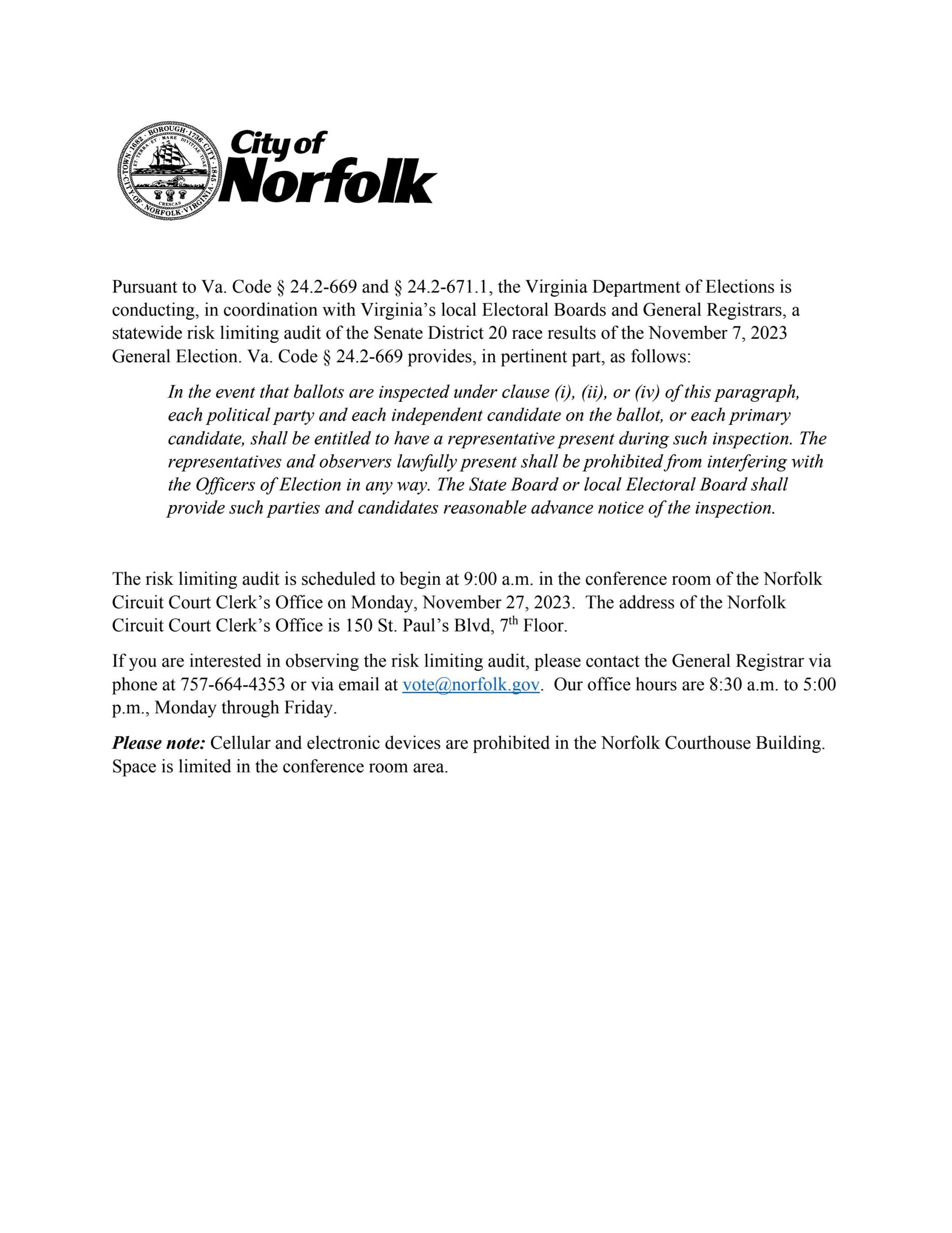 Public Notice – Risk Limiting Audit Senate District 20 Elelction Results