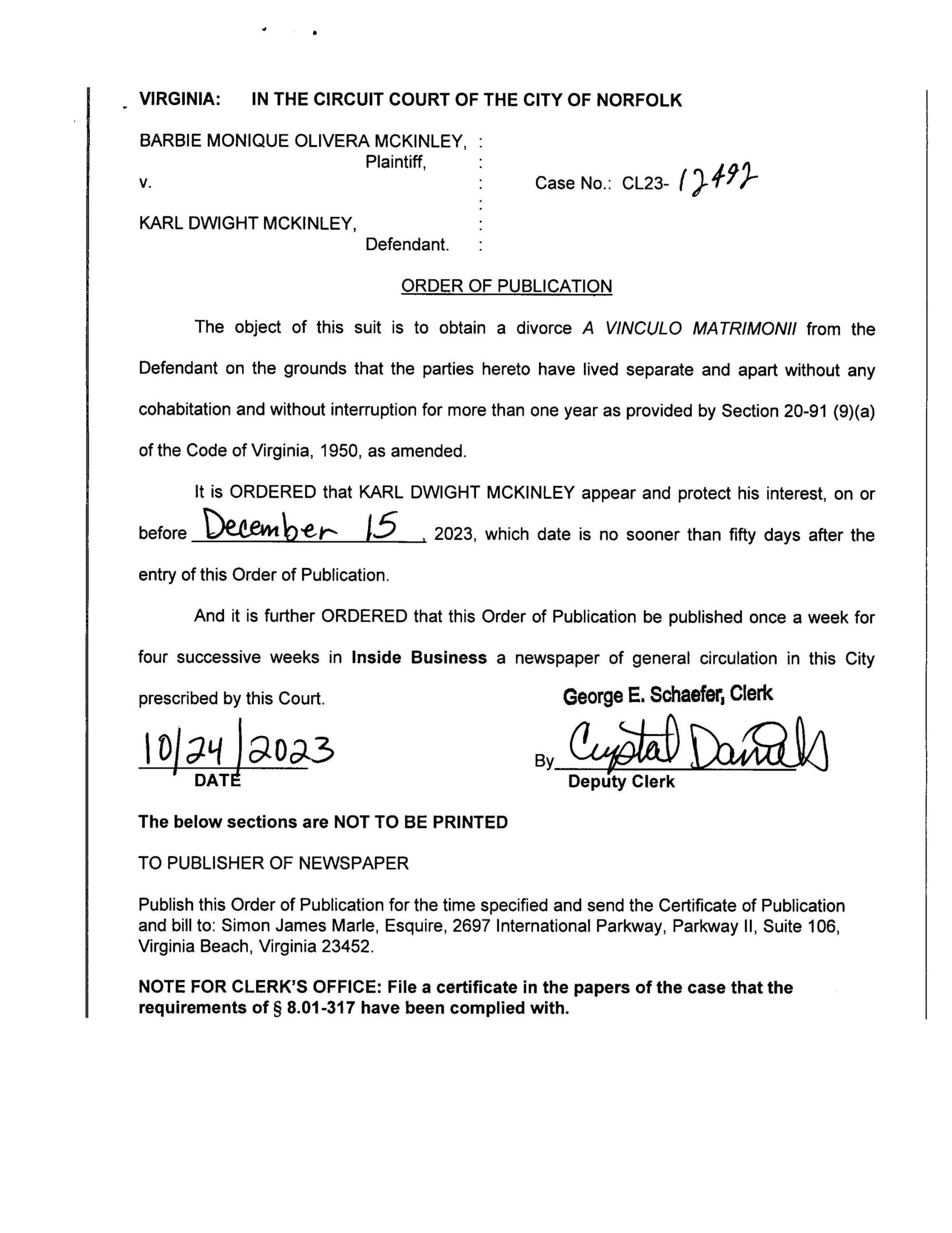 CL23-12492 ORDER OF PUBLICATION