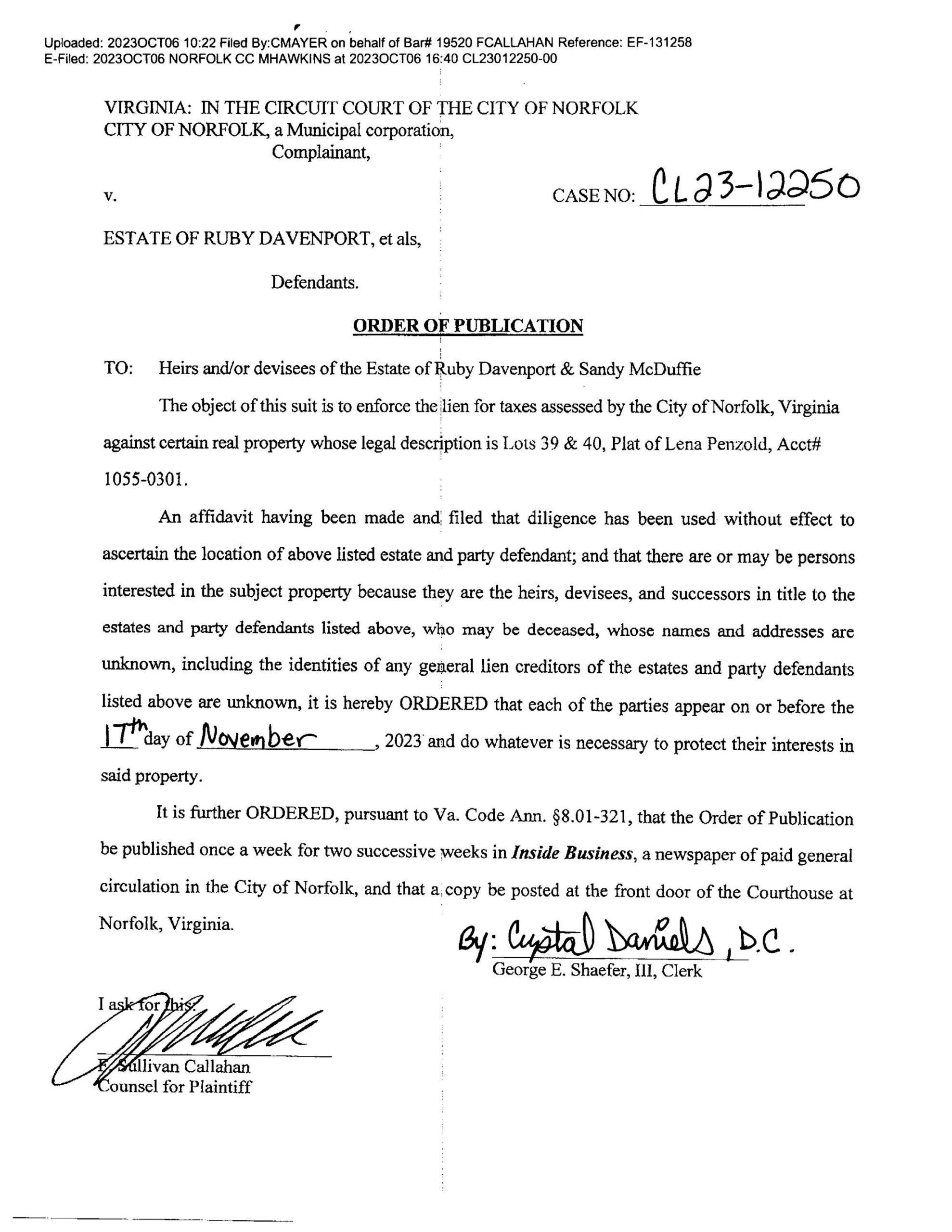 CL23-12250 ORDER OF PUBLICATION