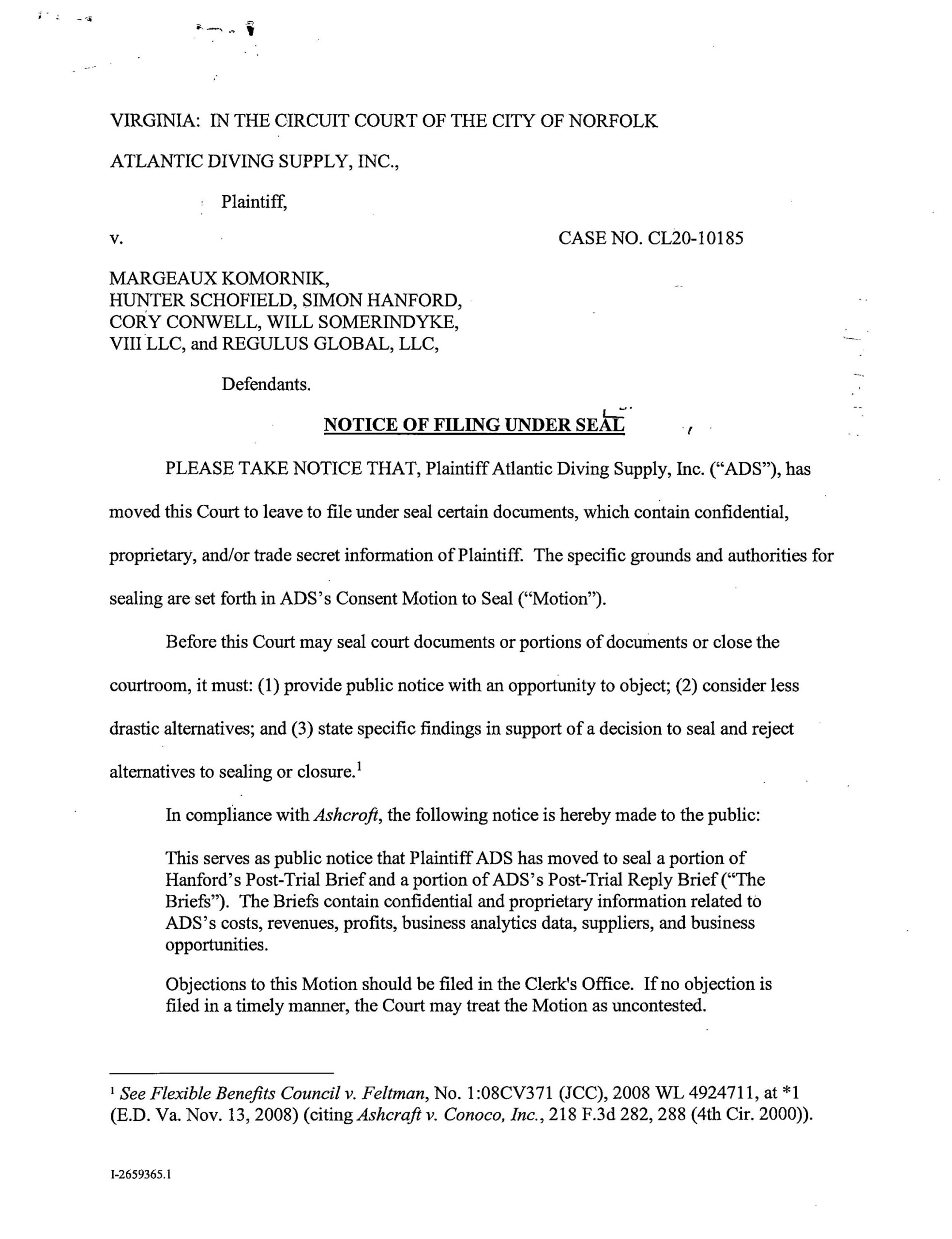 CL 20-10185 Notice of Filing Under Seal