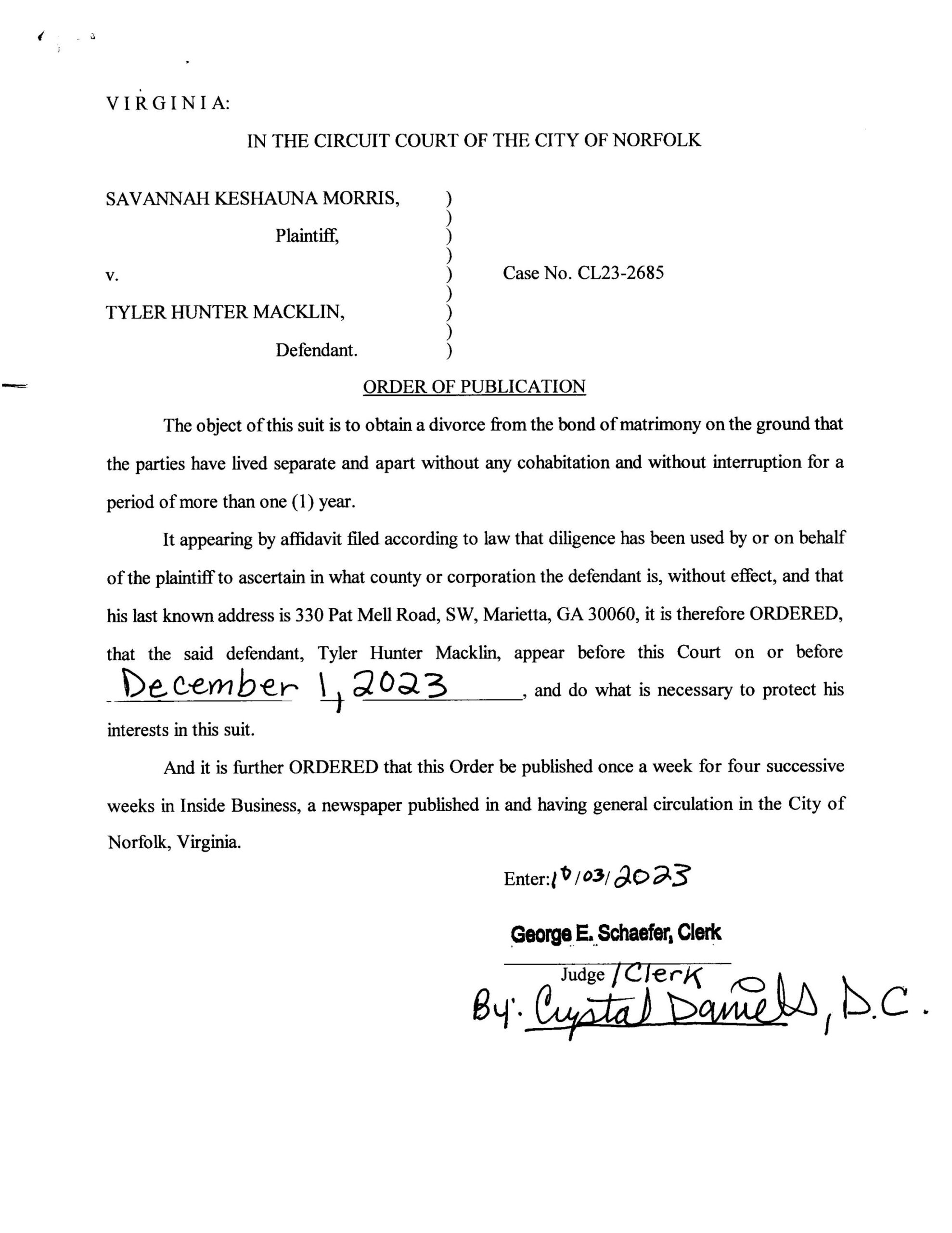 CL23-2685 ORDER OF PUBLICATION