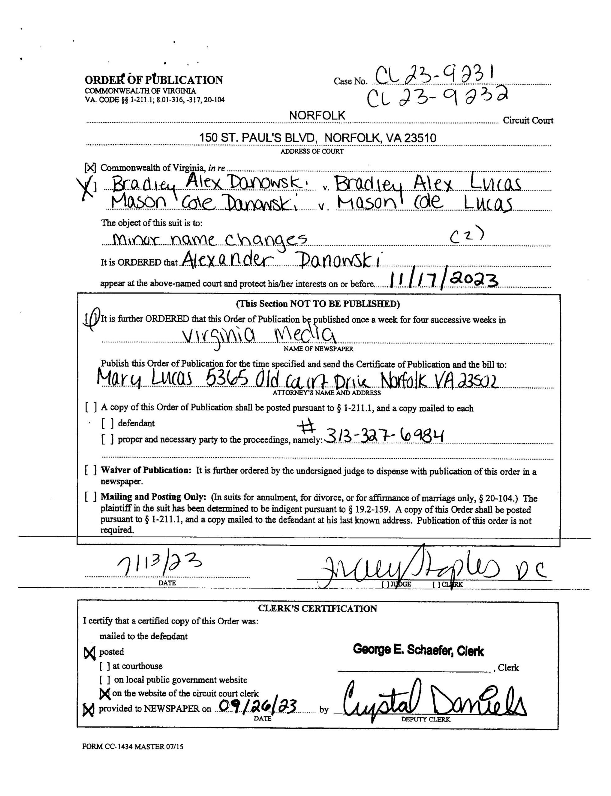 CL23-9231 & CL23-9232 ORDER OF PUBLICATION