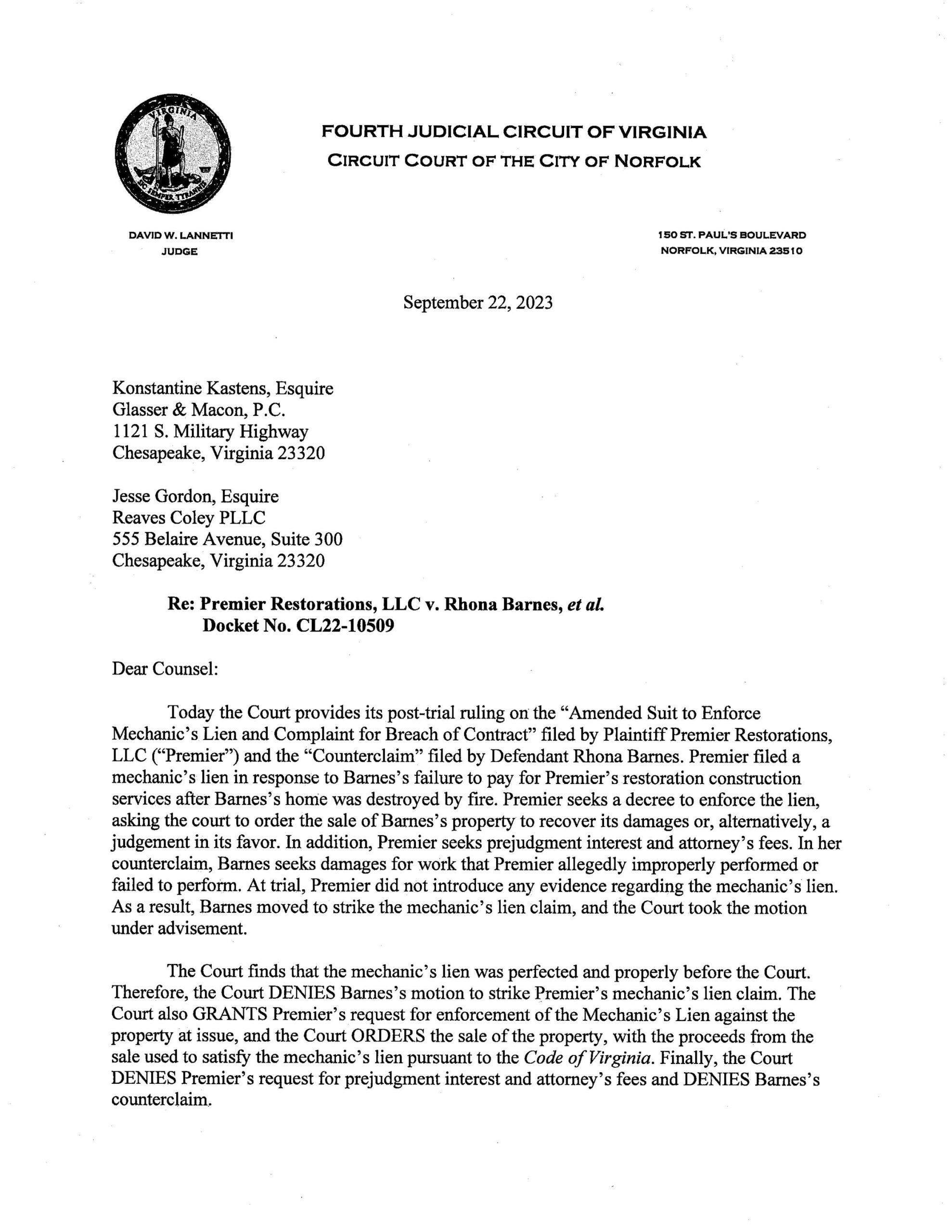 Premier Restorations, LLC v. Rhonda Barnes, et al.