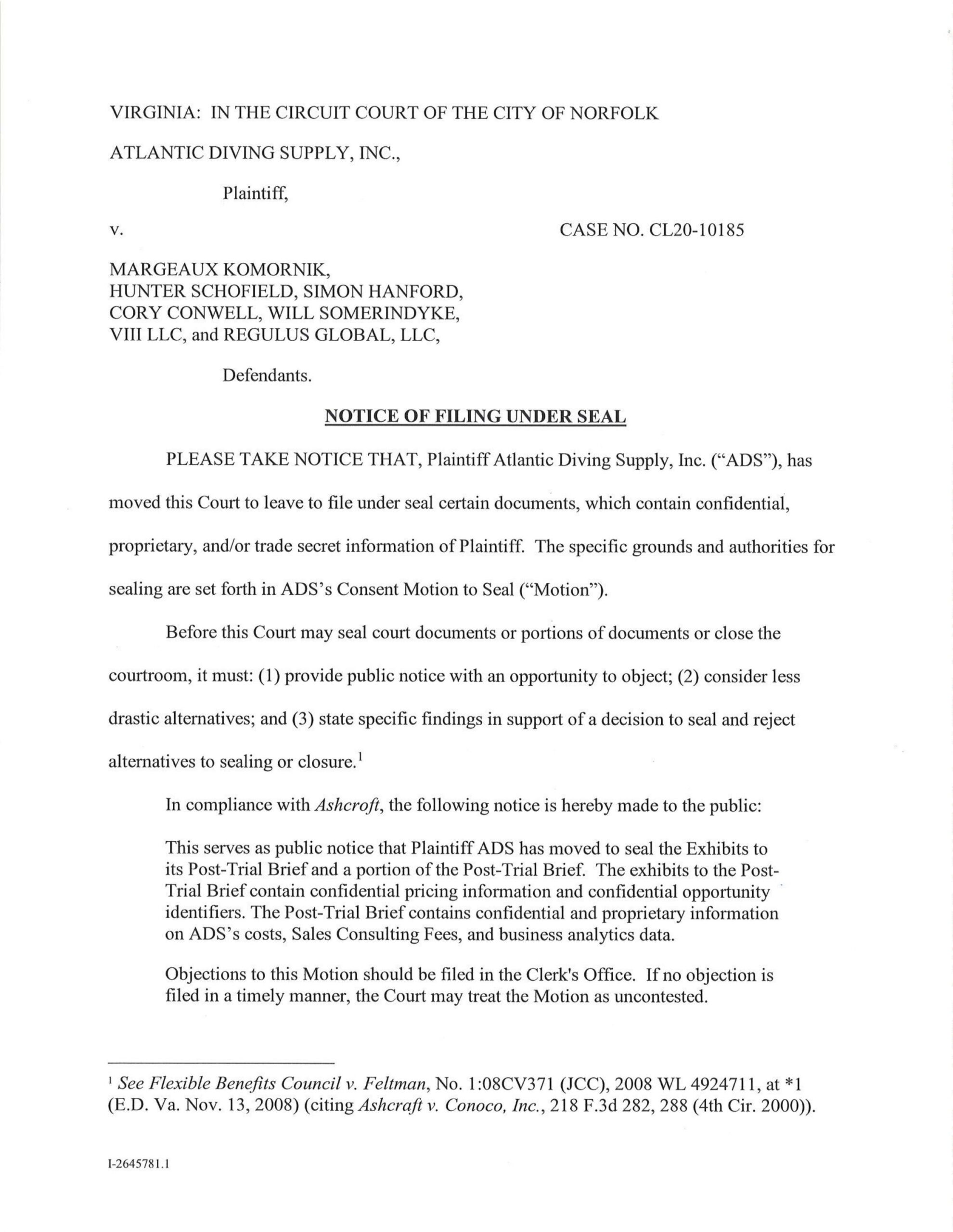 CL 20-10185 Notice of Filing Under Seal