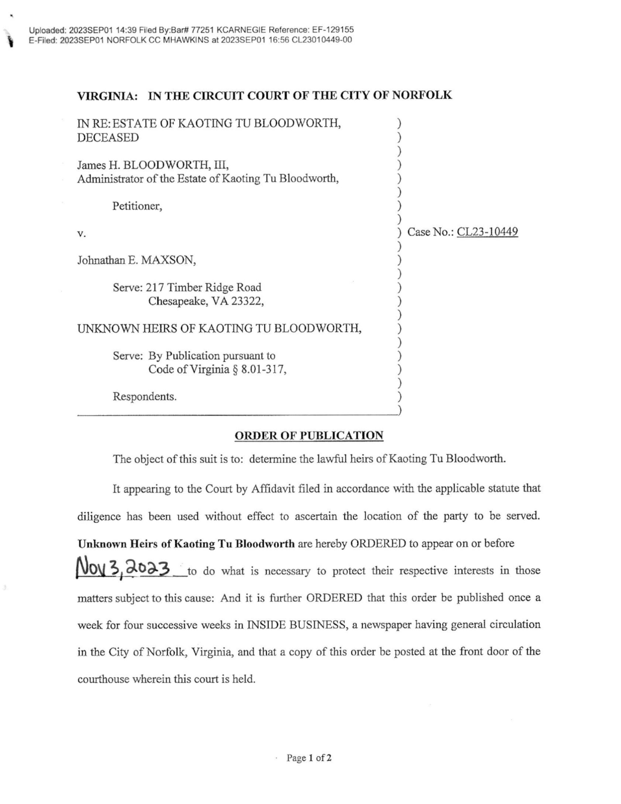 CL23-10449 ORDER OF PUBLICATION