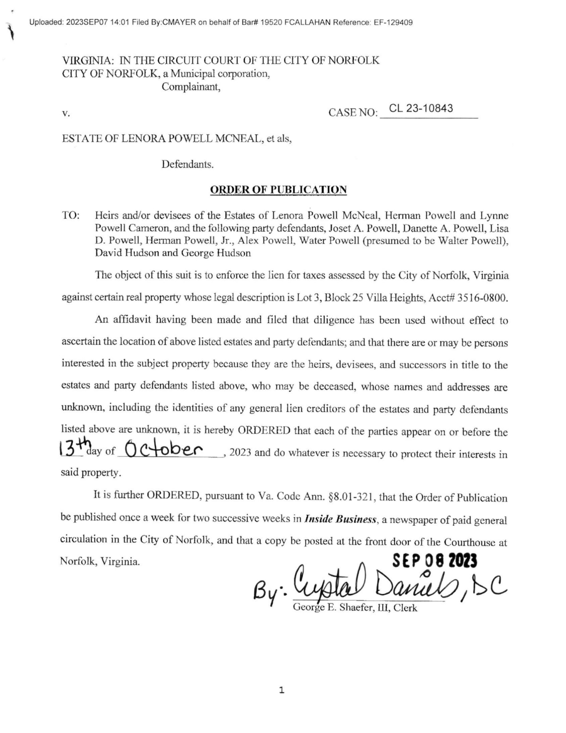 CL23-10843 ORDER OF PUBLICATION