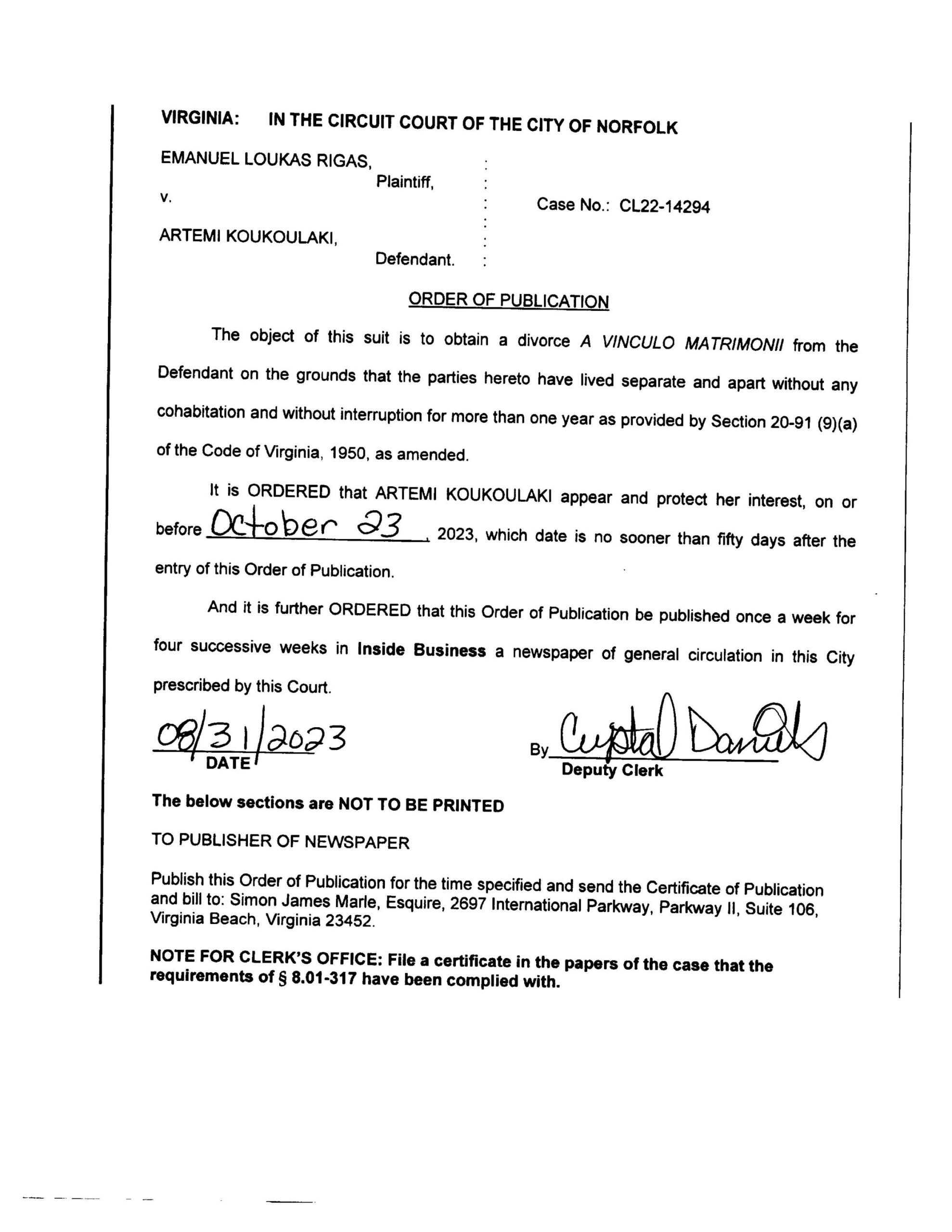 CL22-14294 ORDER OF PUBLICATION