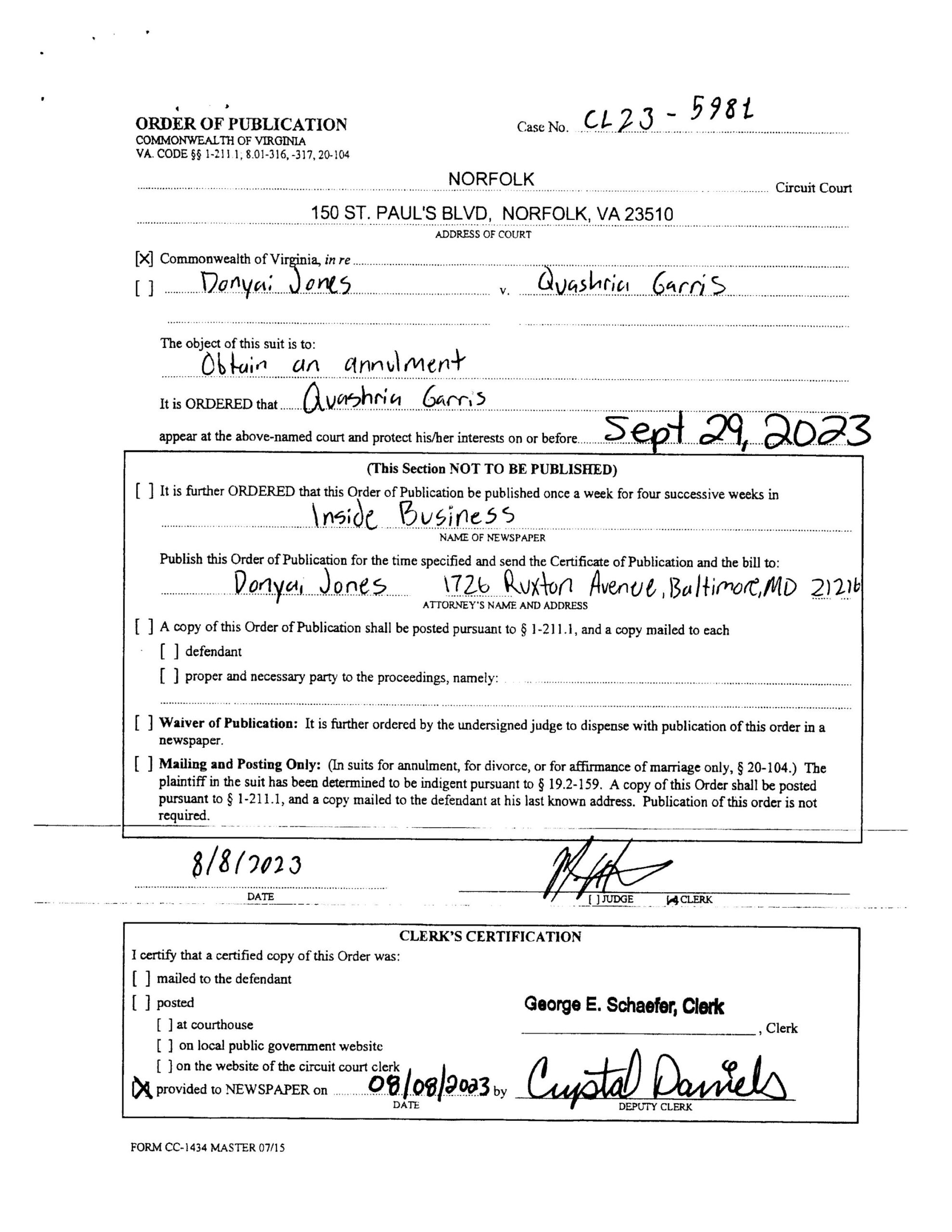 CL23-5981 ORDER OF PUBLICATION