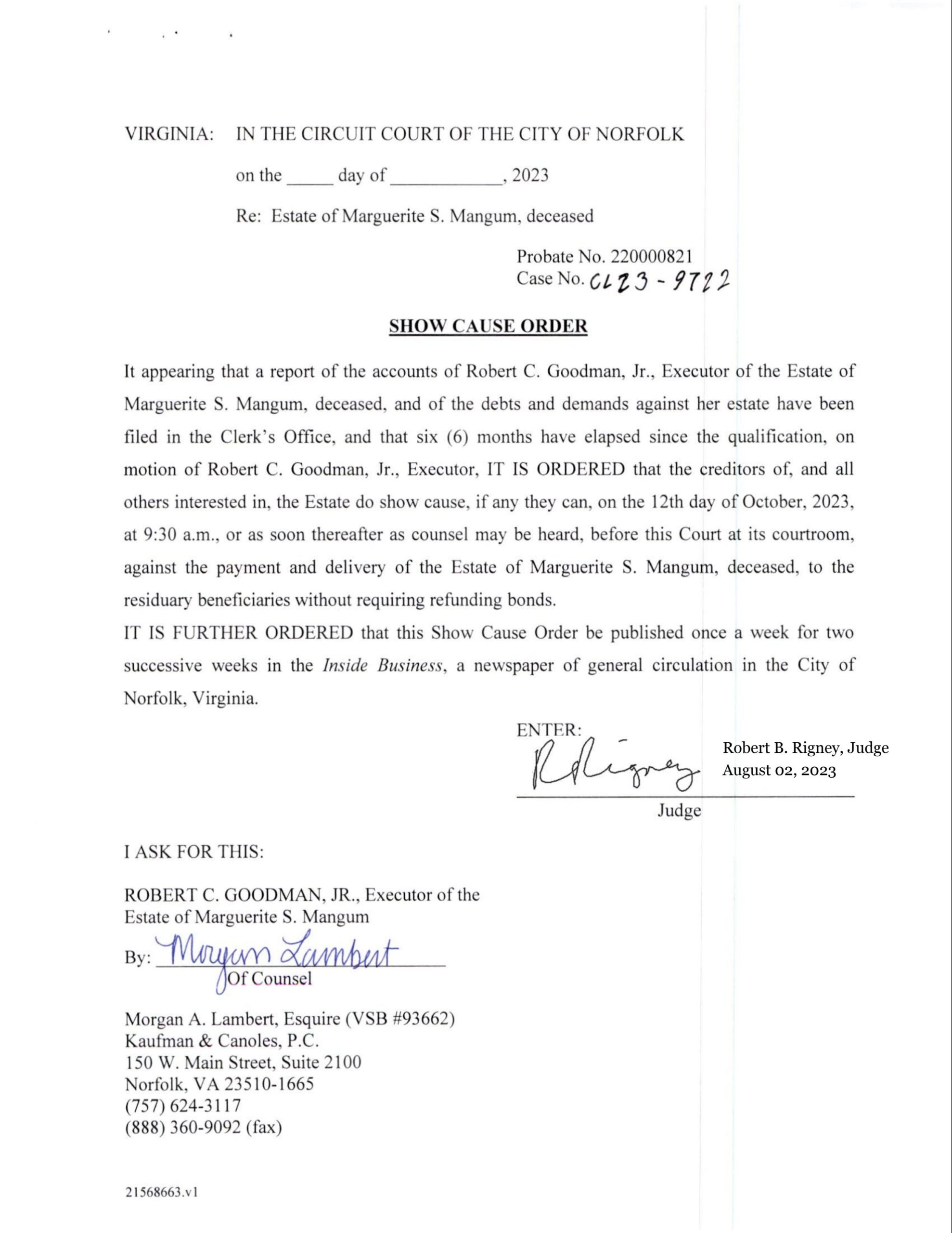 CL23-9722 ORDER OF PUBLICATION