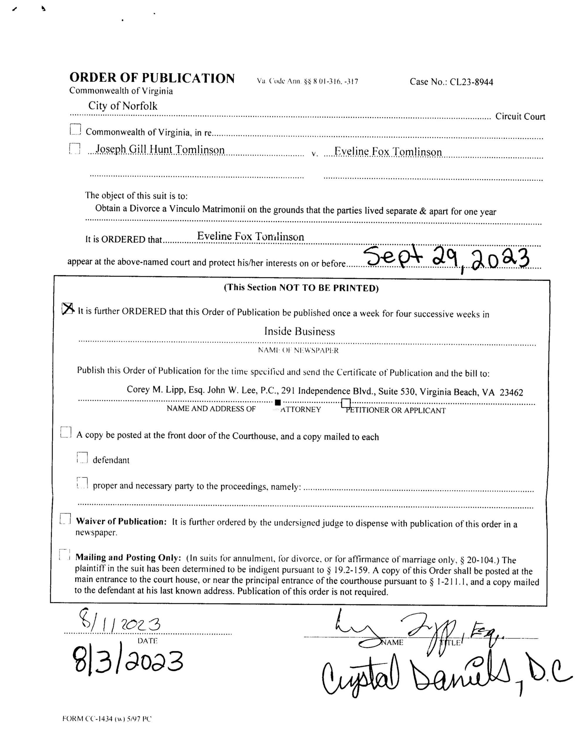 CL23-8944 ORDER OF PUBLICATION