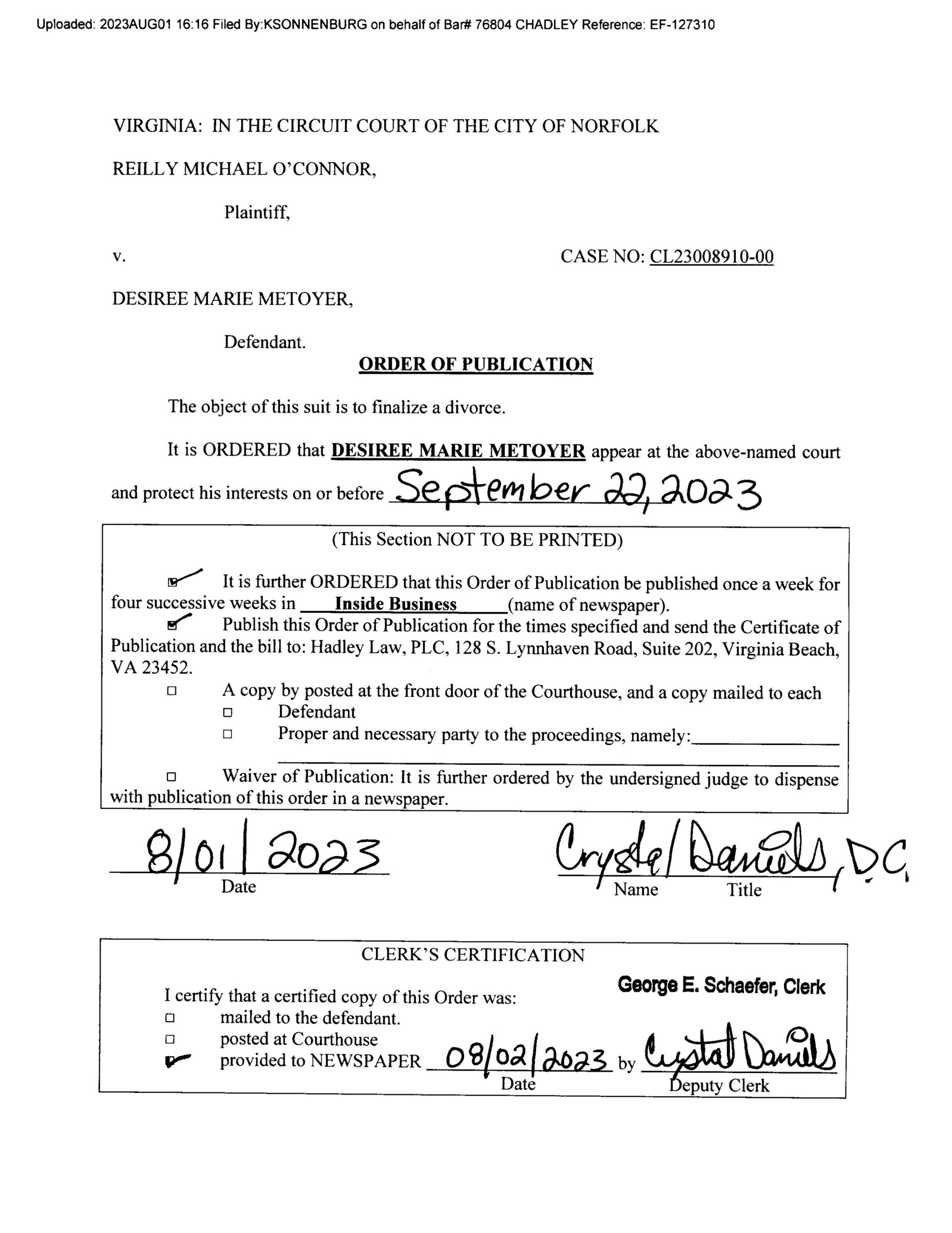 CL23-8910 ORDER OF PUBLICATION
