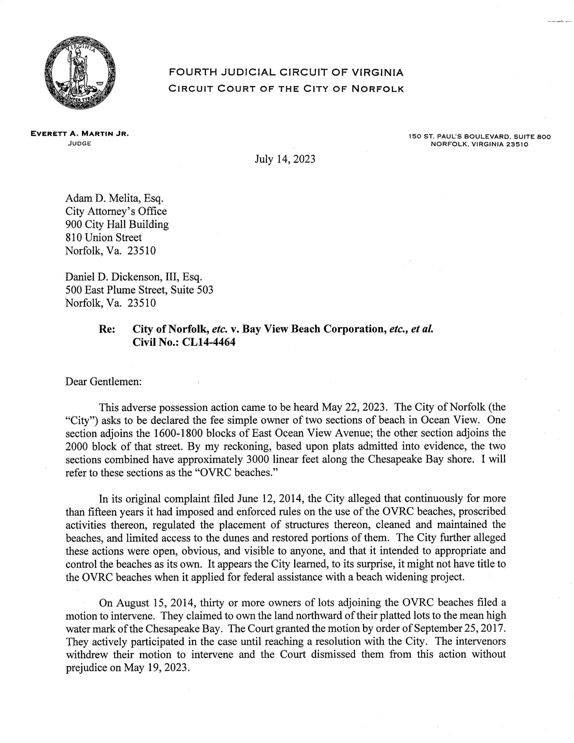 CITY OF NORFOLK VS BAY VIEW BEACH CORPORATION