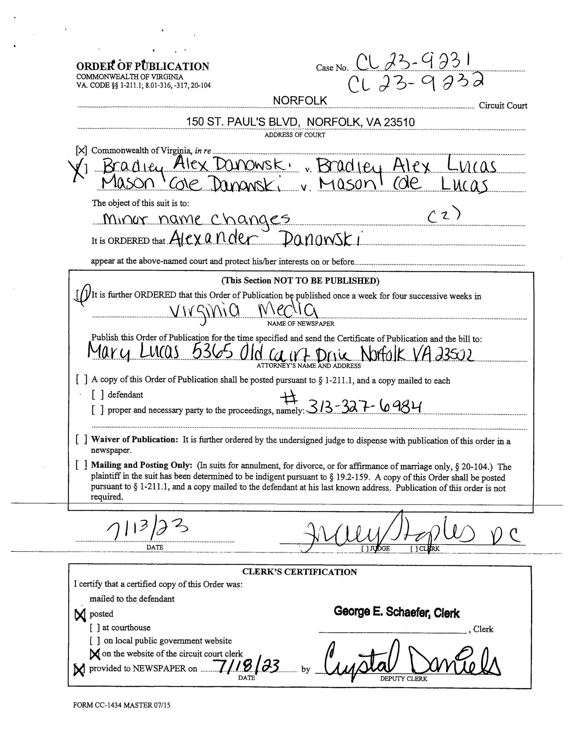 CL23-9231&CL23-9232 ORDER OF PUBLICATION