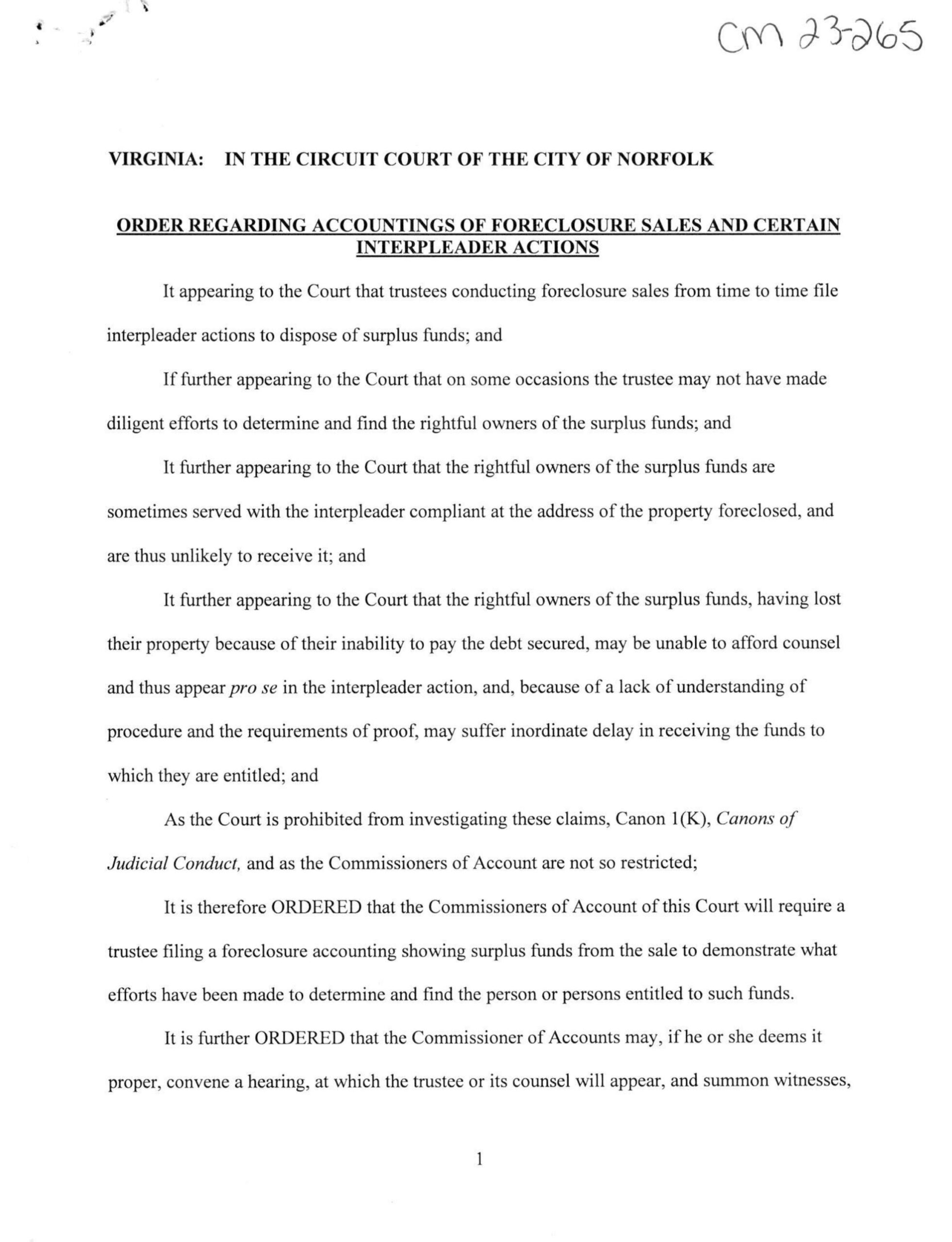 Order Regarding Accountings of Foreclosure Sales & Certain Interpleader Actions