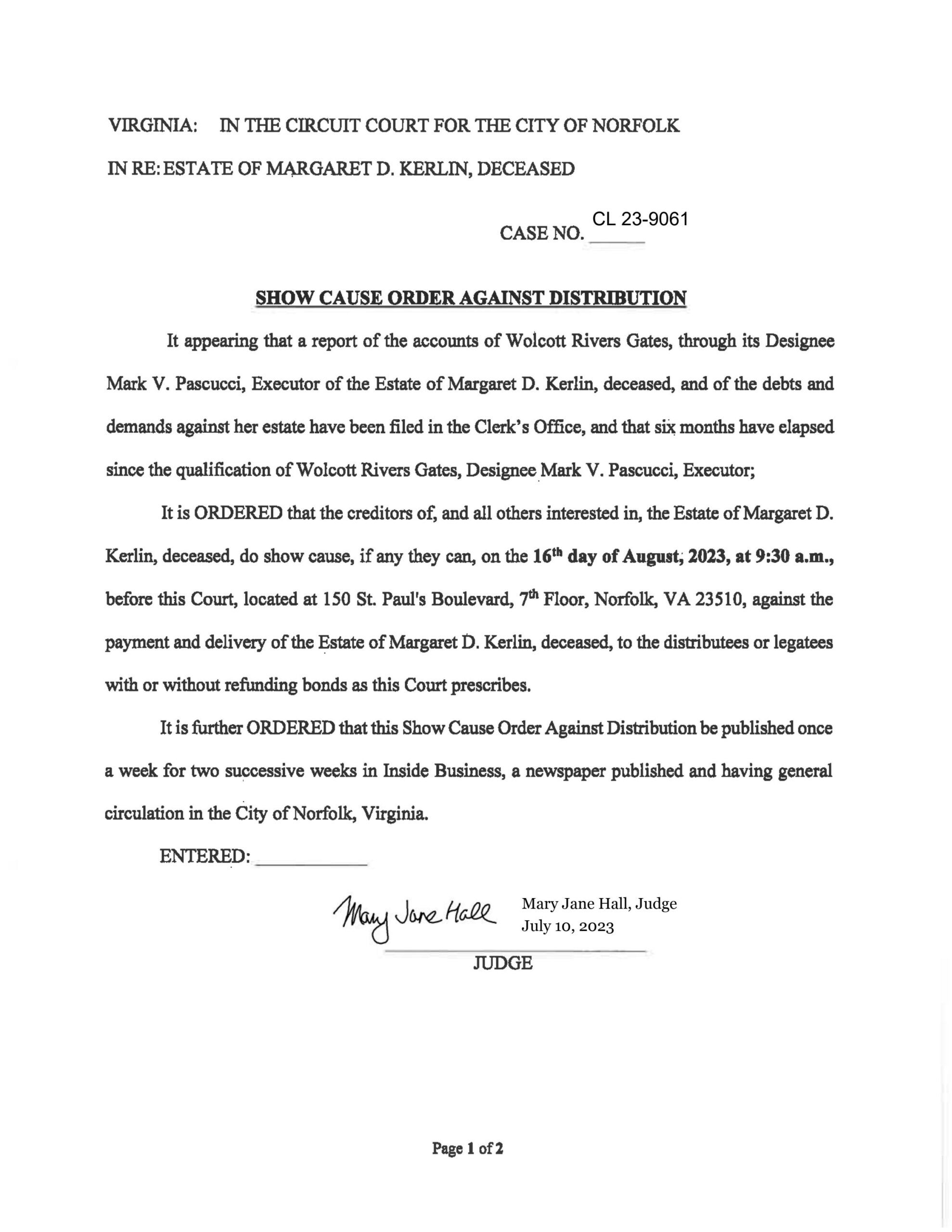 CL 23-9061 Show Cause Order Against Distribution