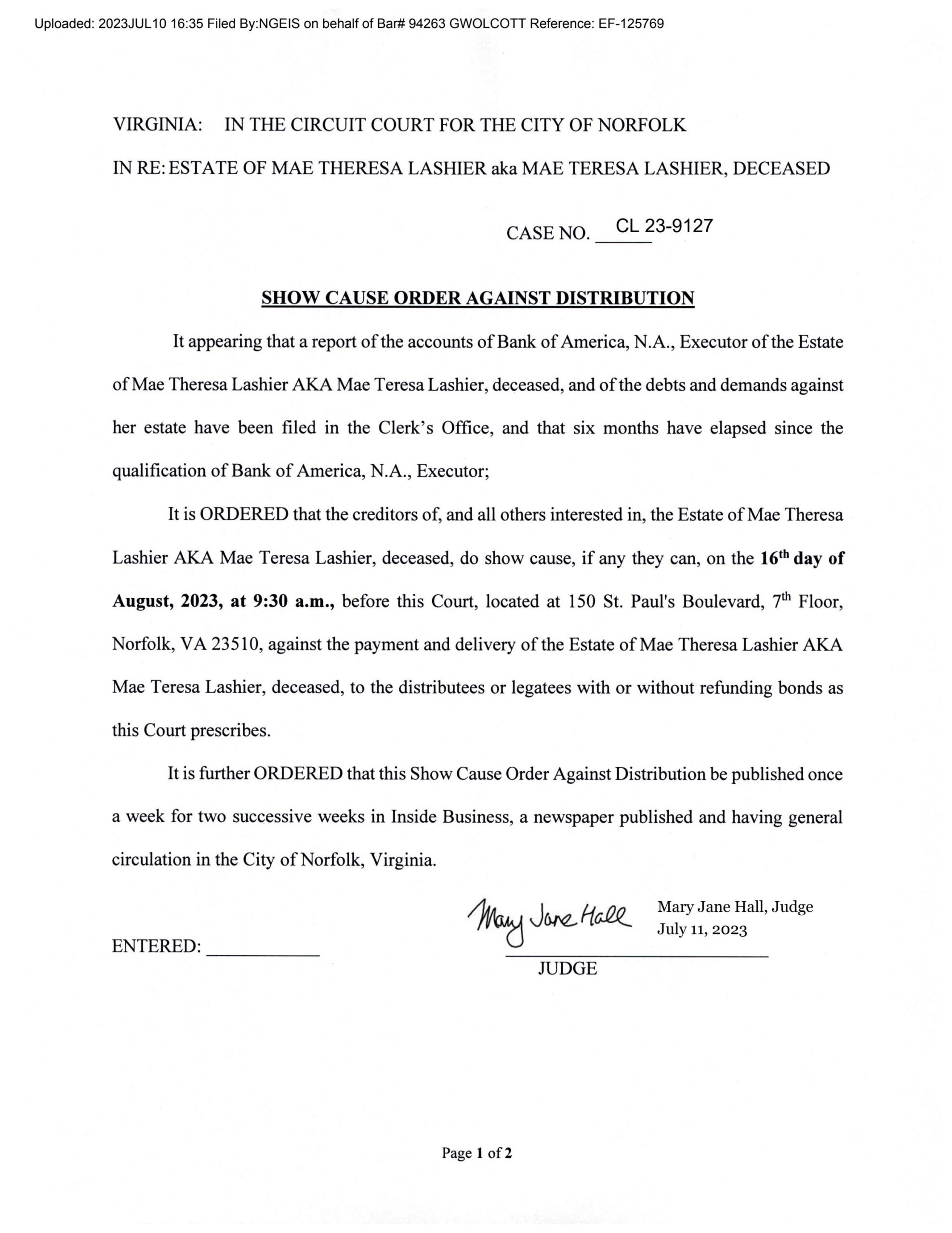 CL 23-9127 Show Cause Order Against Distribution