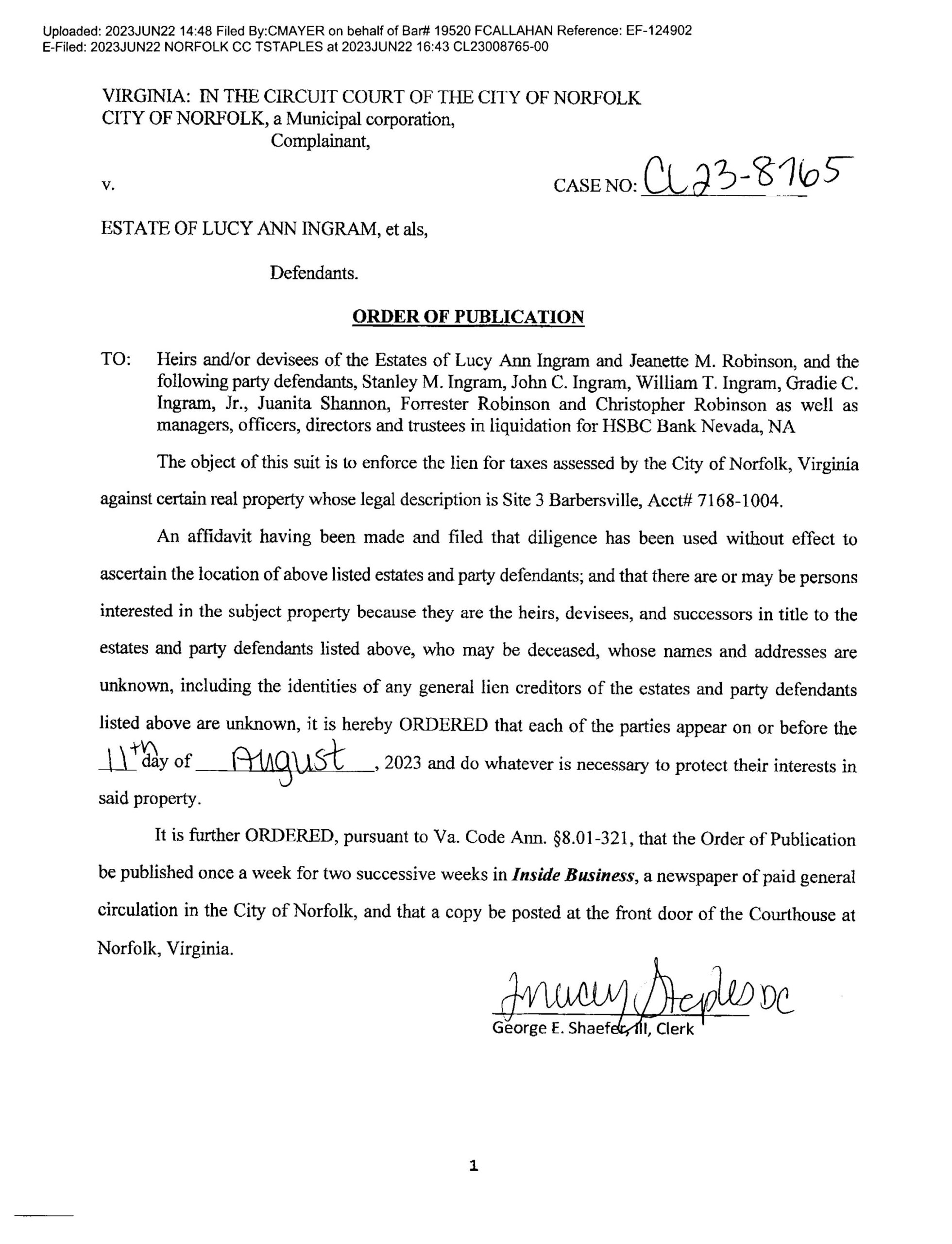 CL 23-8825 Order of Publication