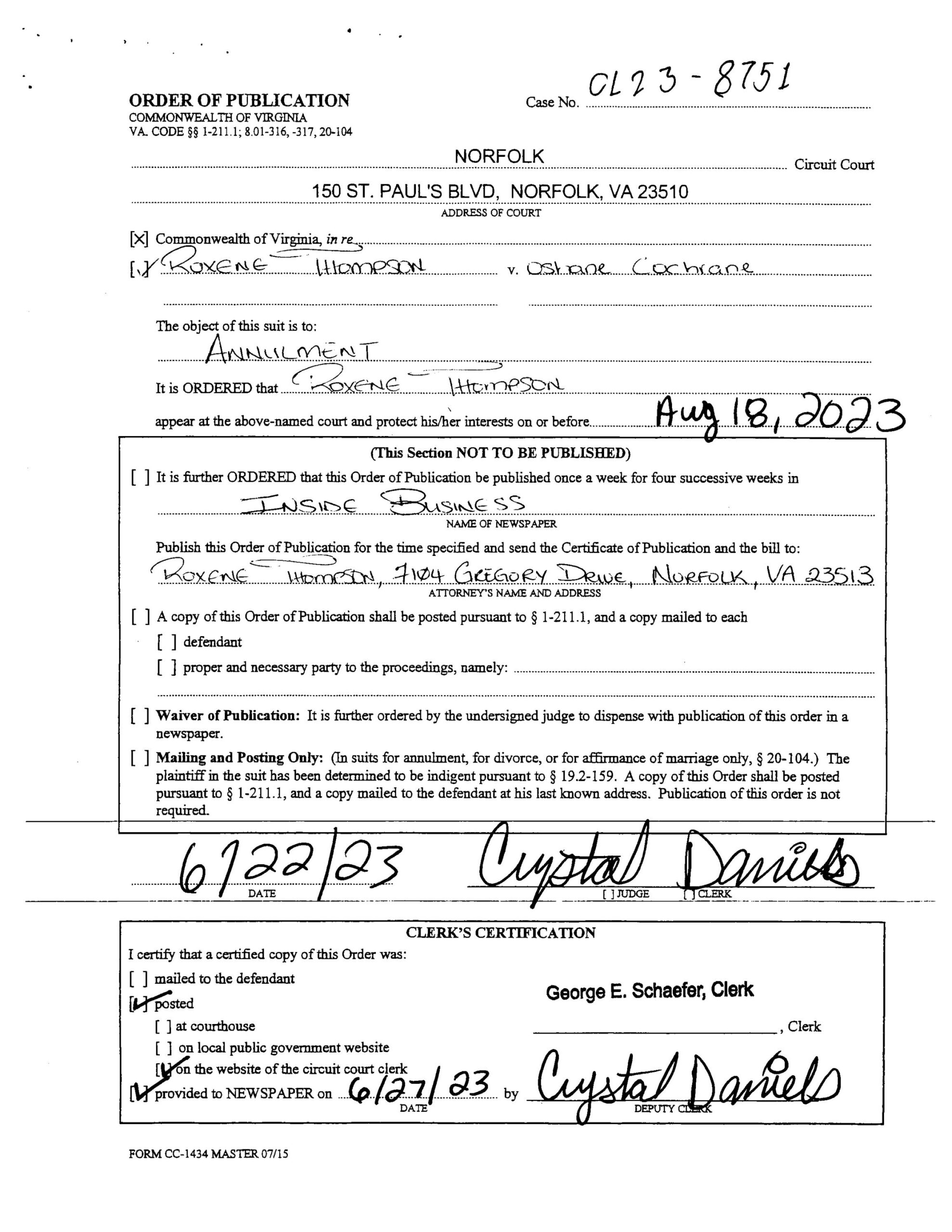 CL23-8751 ORDER OF PUBLICATION