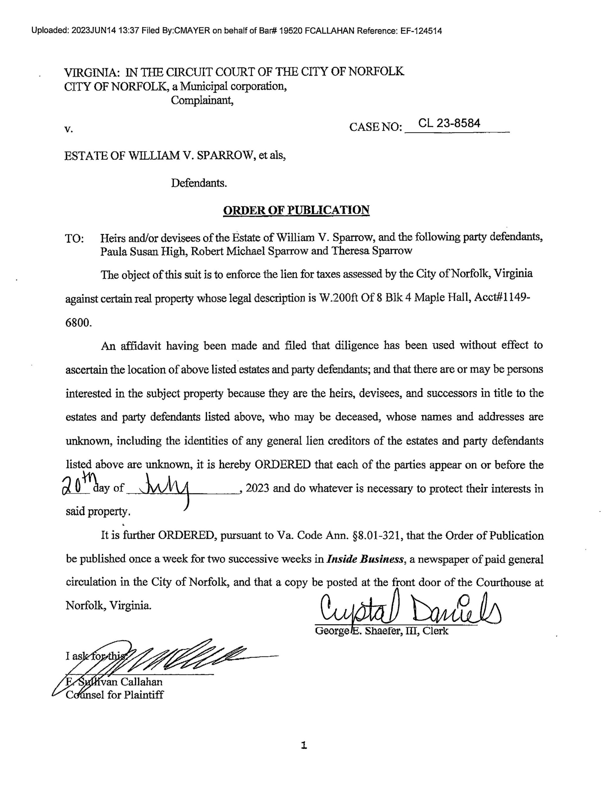 CL 23-8584 Order of Publication