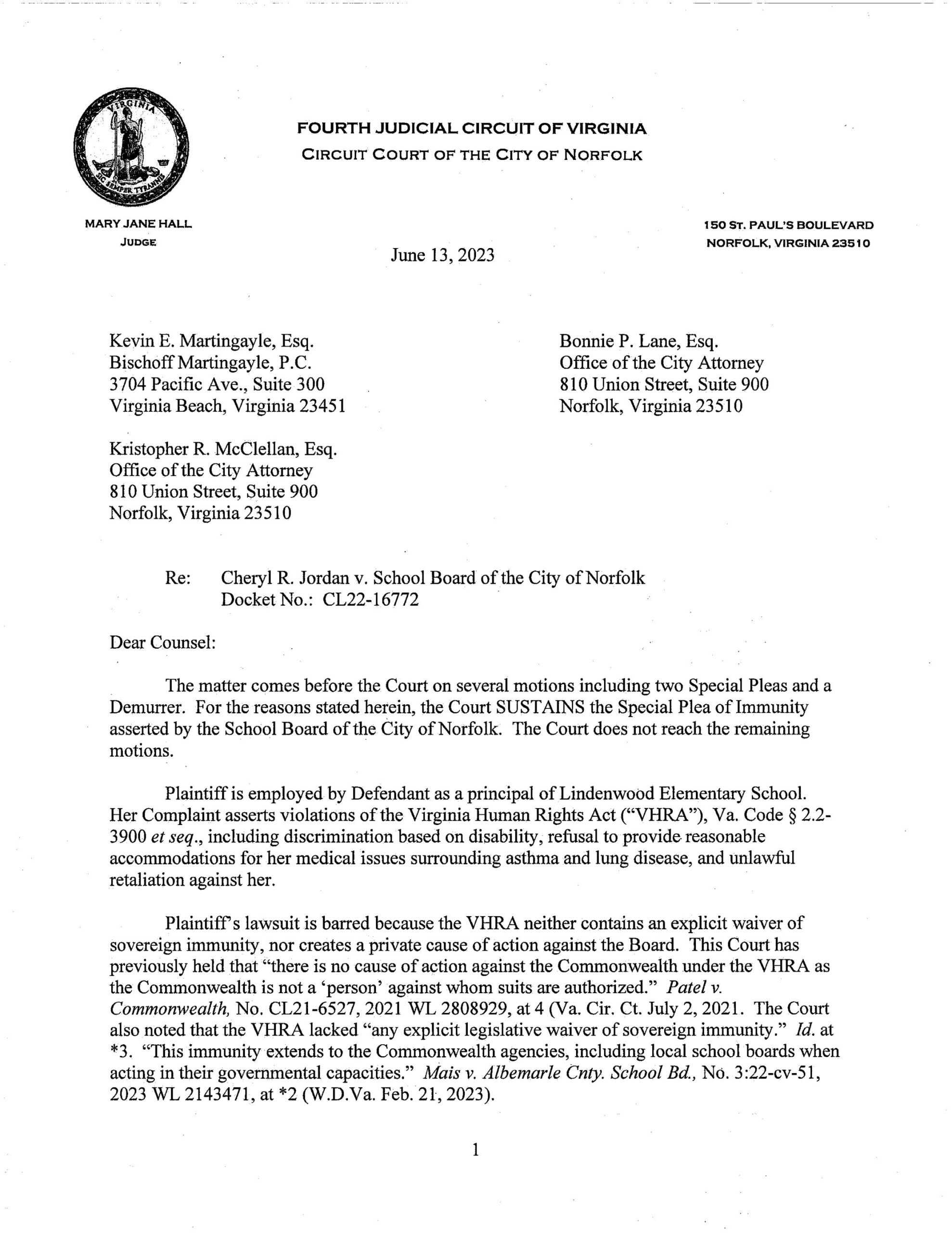 Cheryl R. Jordan v. School Board of the City of Norfolk
