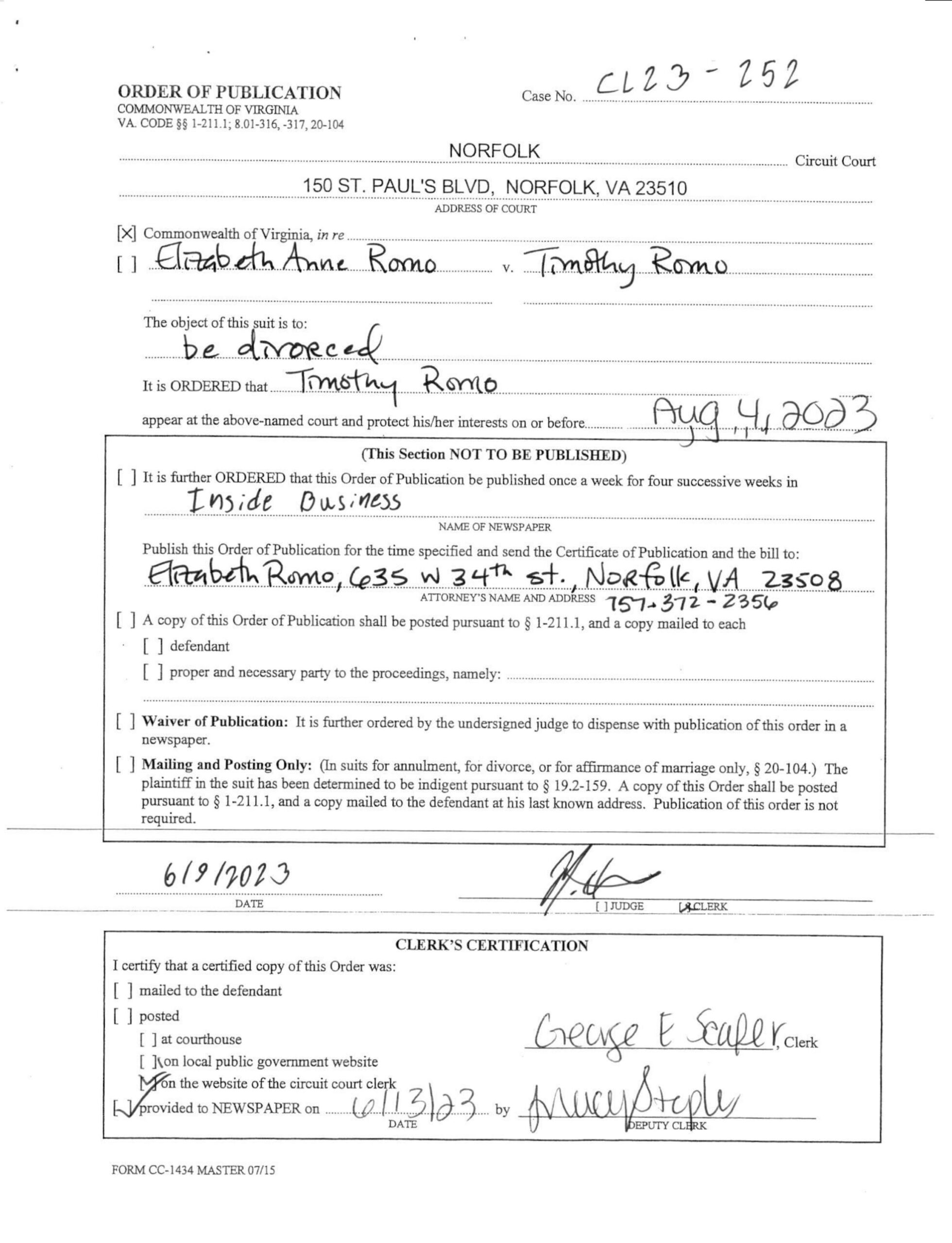 CL 23-252 Order of Publication