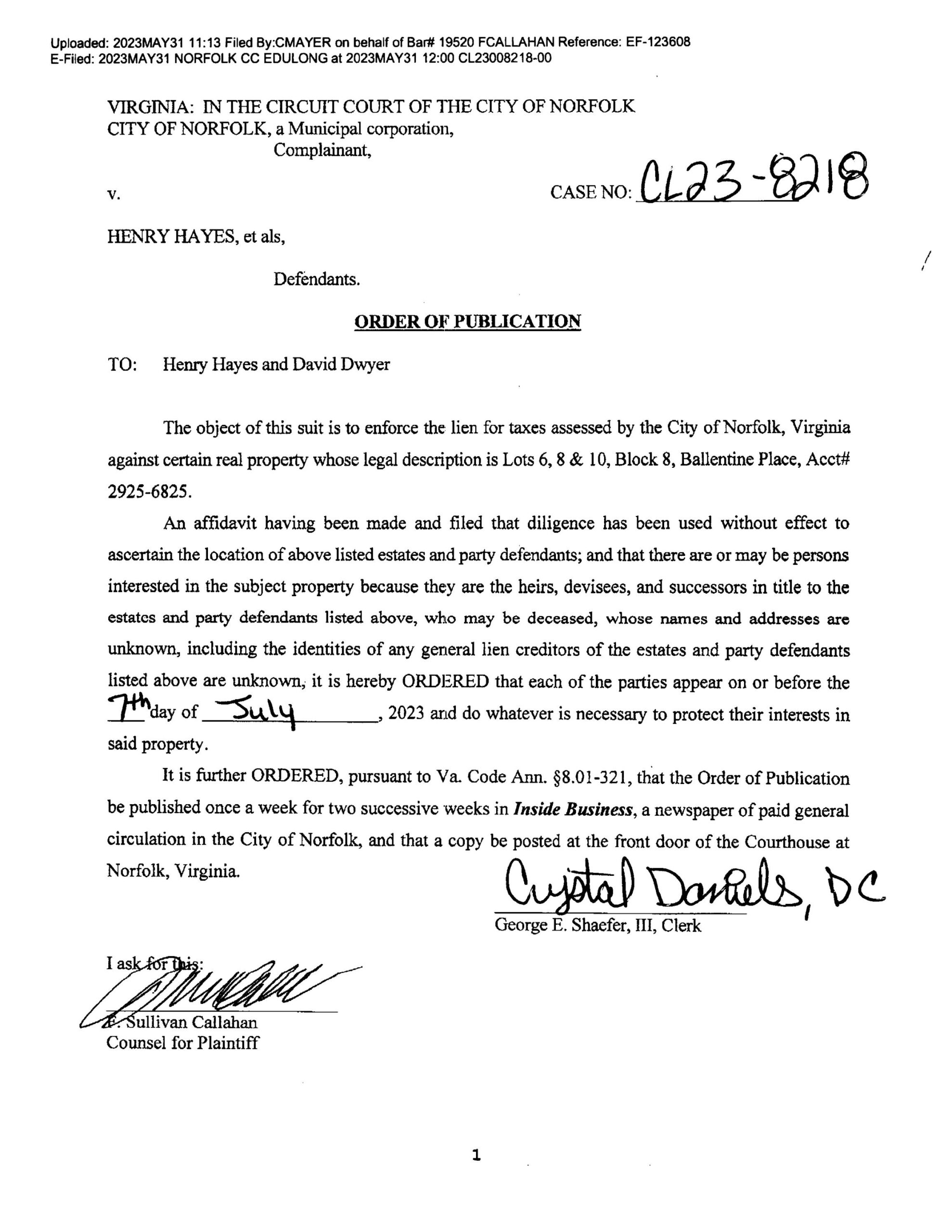 CL23-8218 ORDER OF PUBLICATION