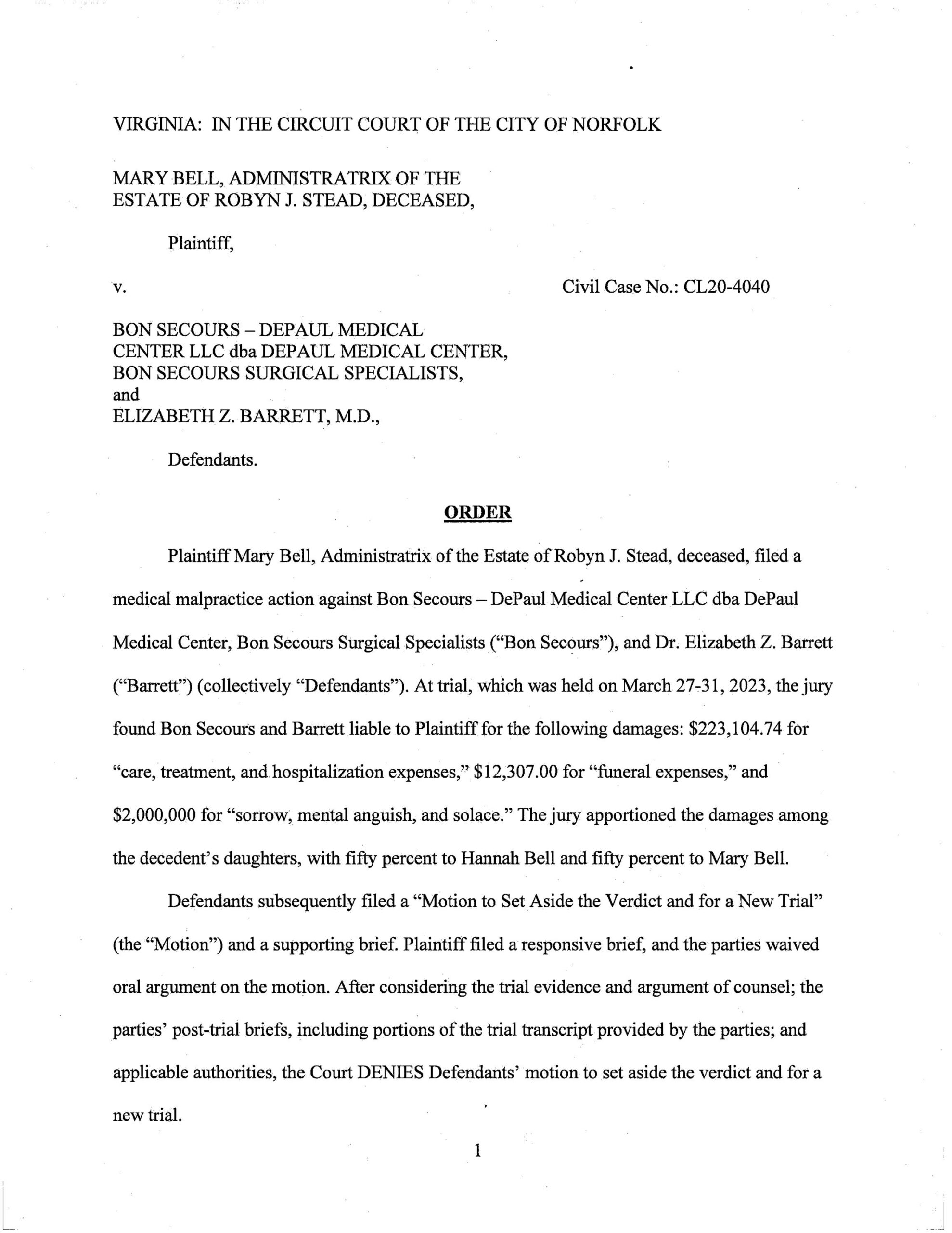 Mary Bell, Administratrix of the Estate of Robyn J. Stead, Deceased v. Bon Secours, et al.