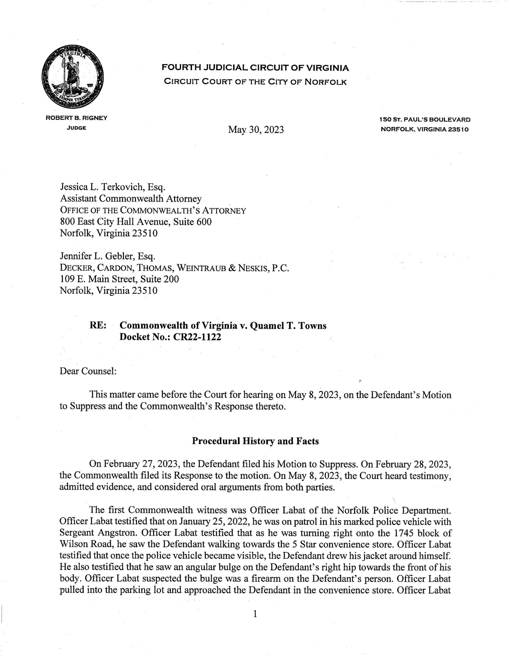 Commonwealth of Virginia v. Quamel Towns