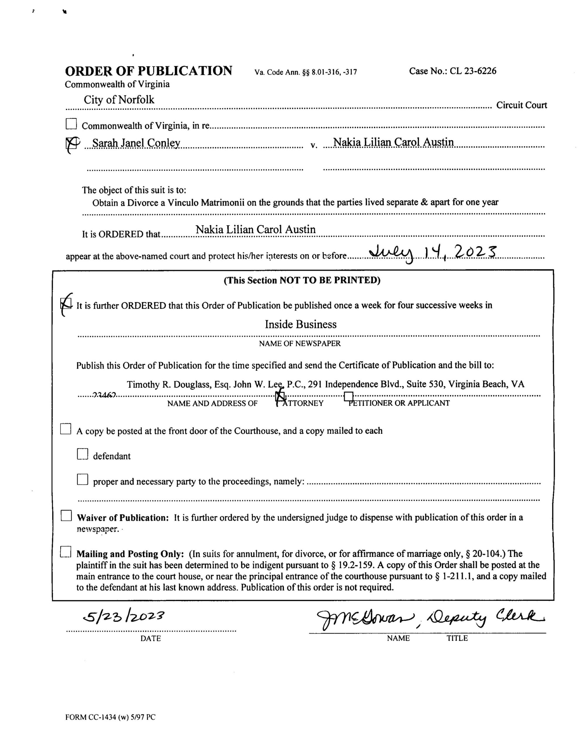 CL23-6226 Order of Publication