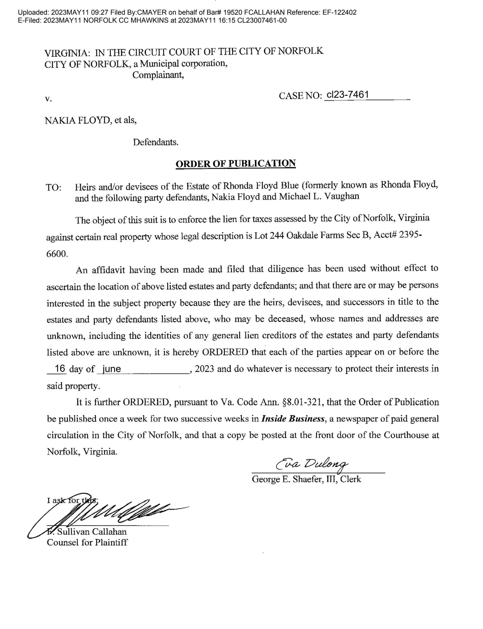 CL23-7461 ORDER OF PUBLICATION