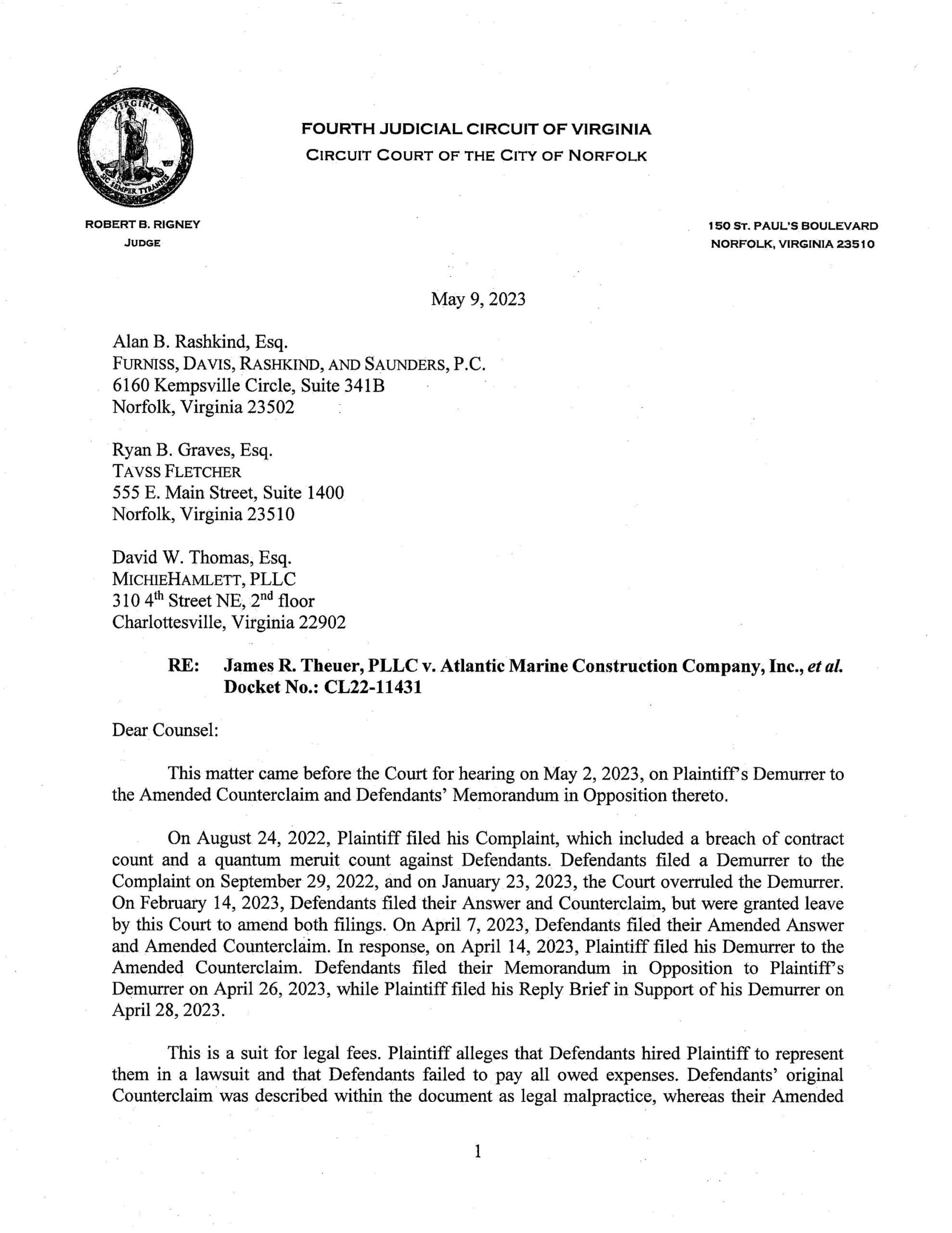 James R. Theuer, PLLC v. Atlantic Marine Construction Company, Inc., et al.