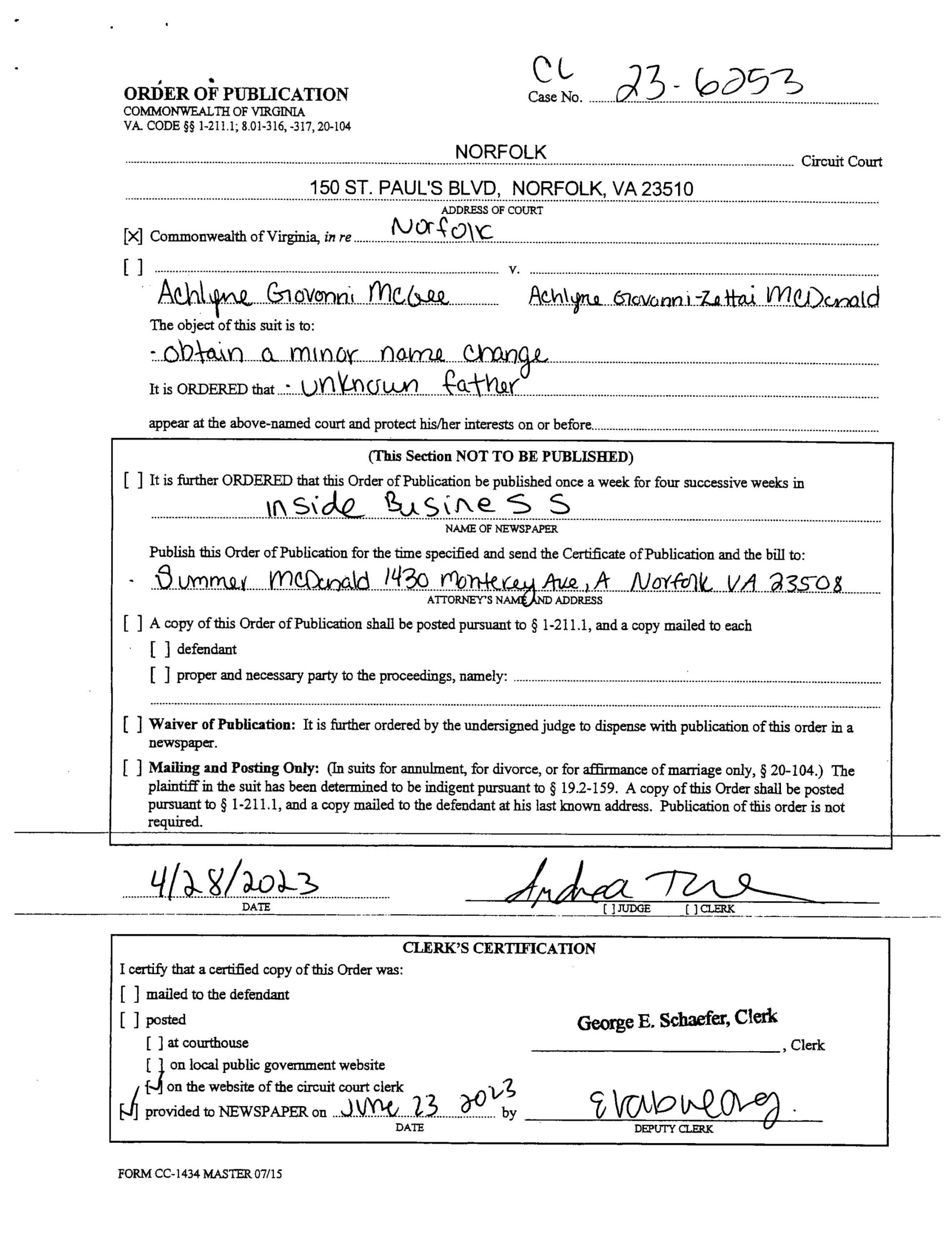 CL23-6253 ORDER OF PUBLICATION