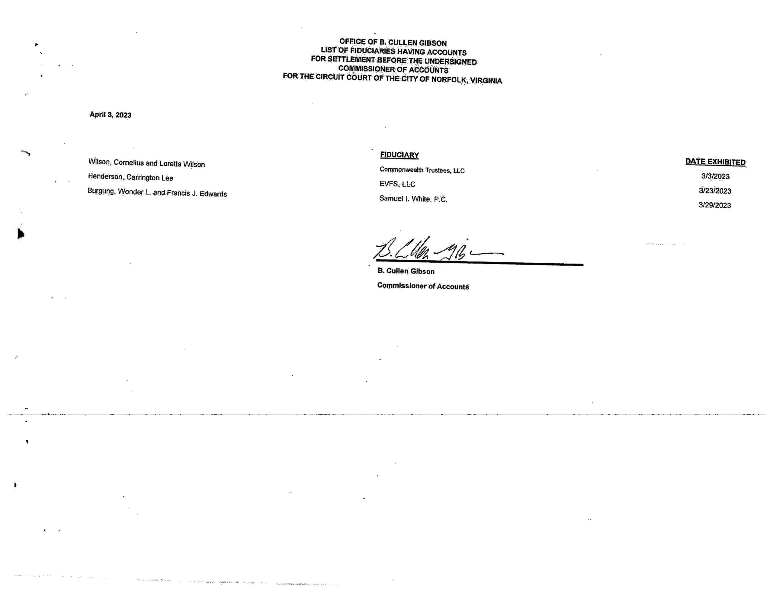 B. Cullen Gibson Commissioner of Accounts/Fiduciary List