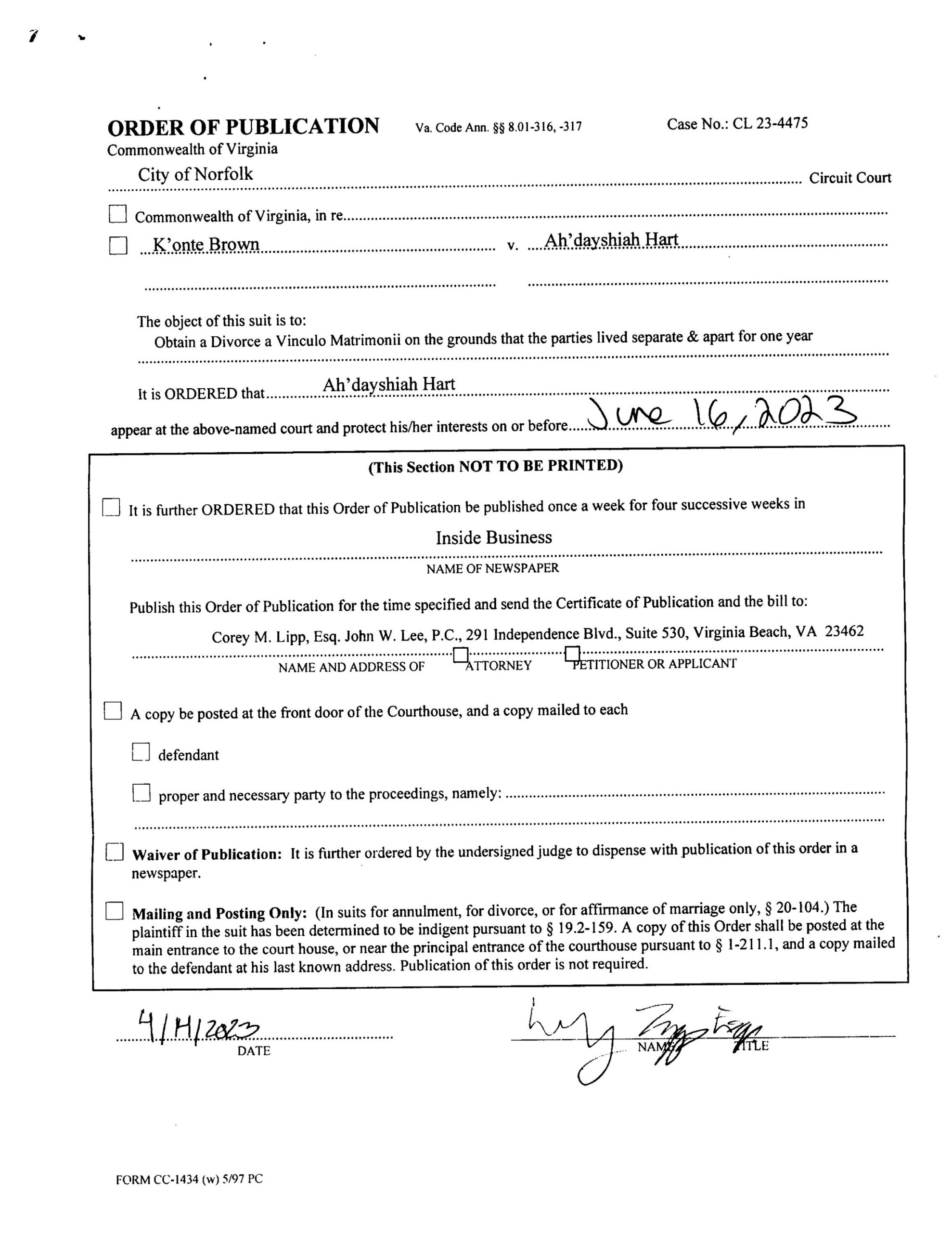 CL23-4475 ORDER OF PUBLICATION