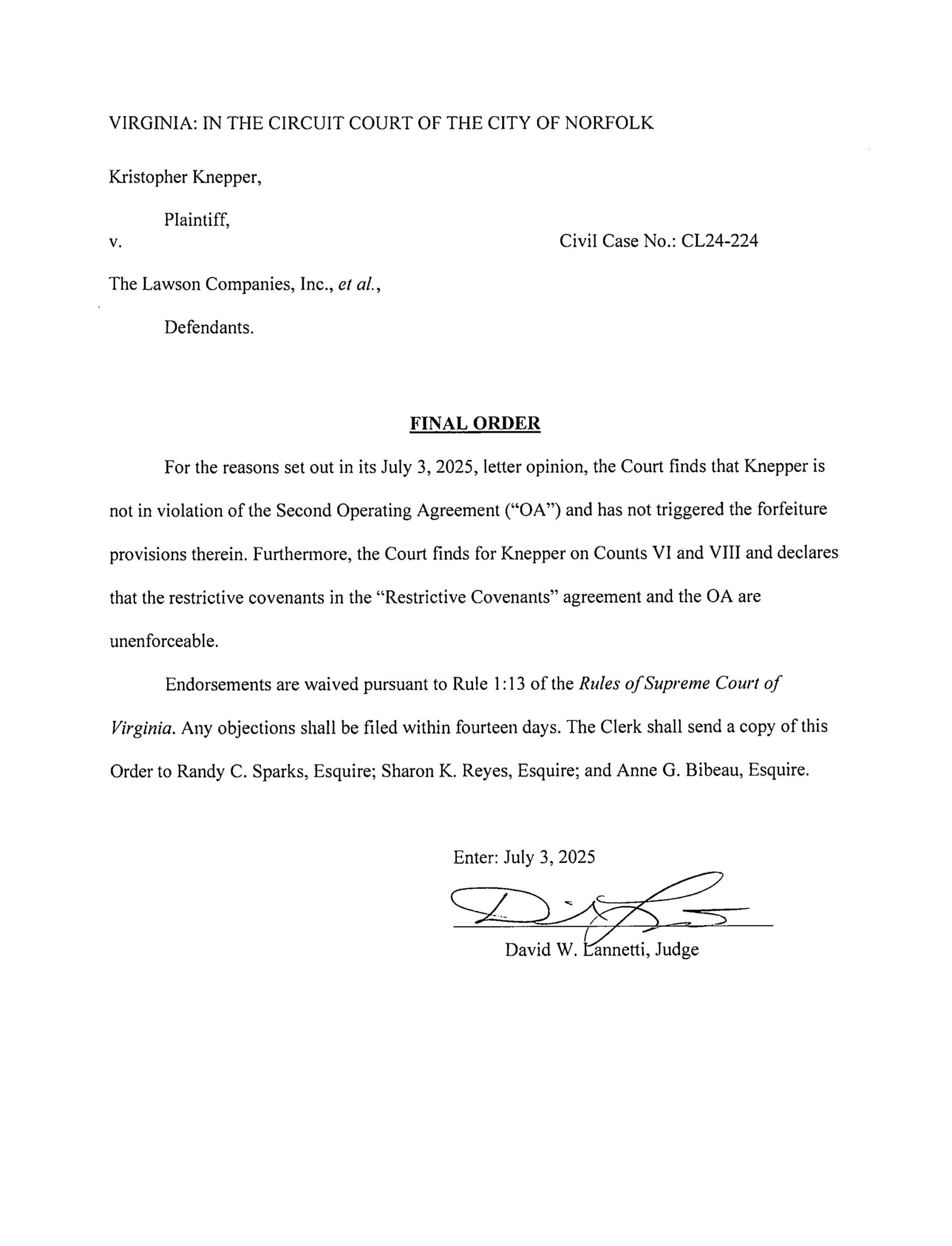 CL24-224 Kristopher Knepper v. The Lawson Companies Inc, et al