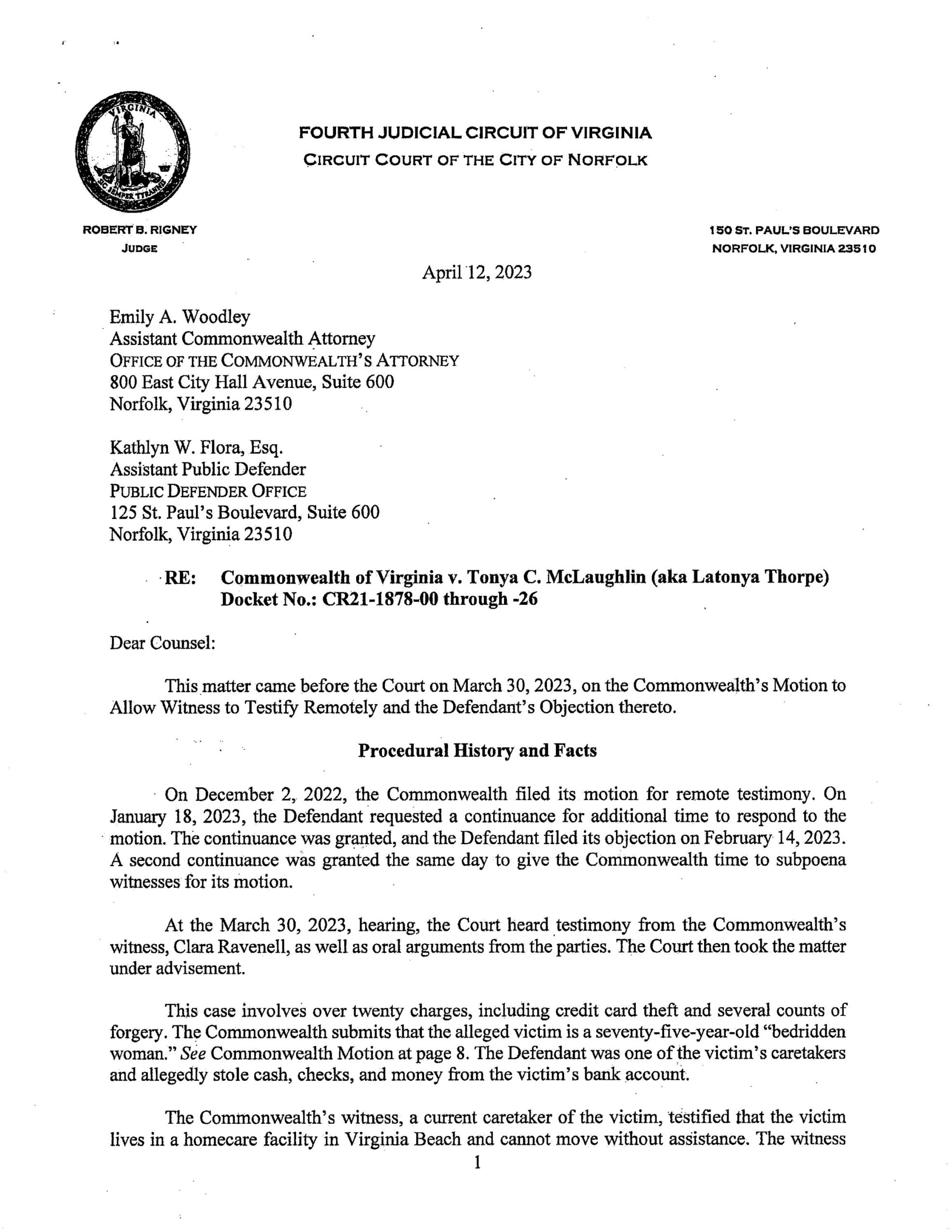 Commonwealth of Virginia v. Tonya C. McLaughlin