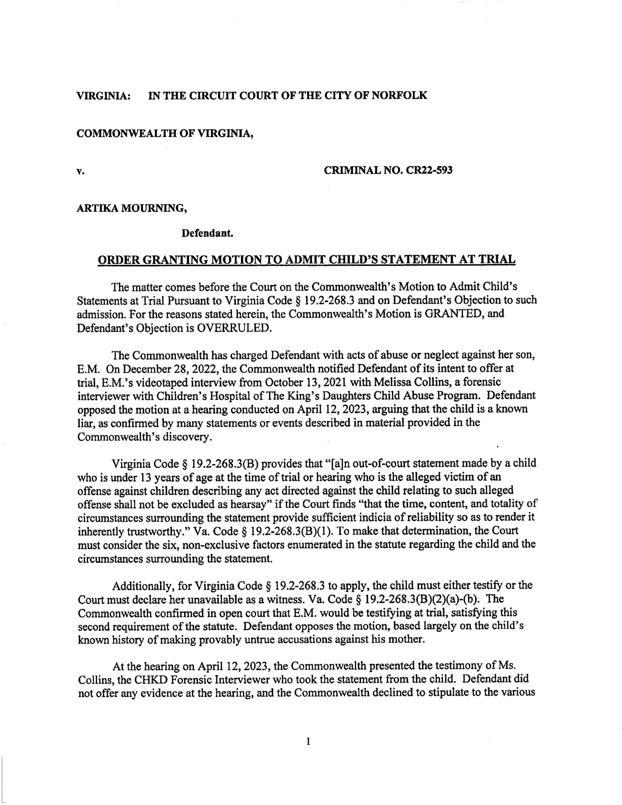 Commonwealth of Virginia v. Artika Mourning