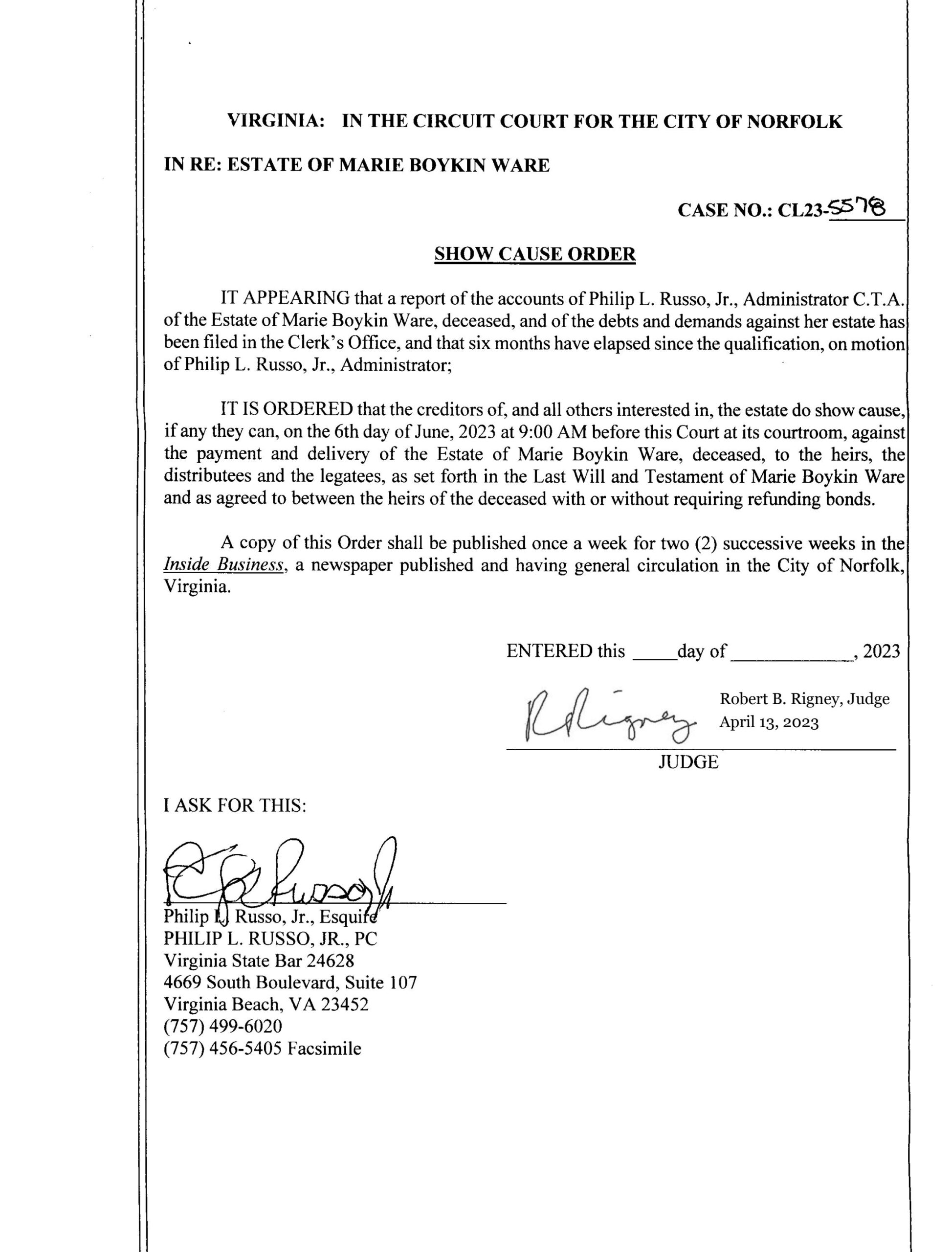 CL23-5578 SHOW CAUSE ORDER