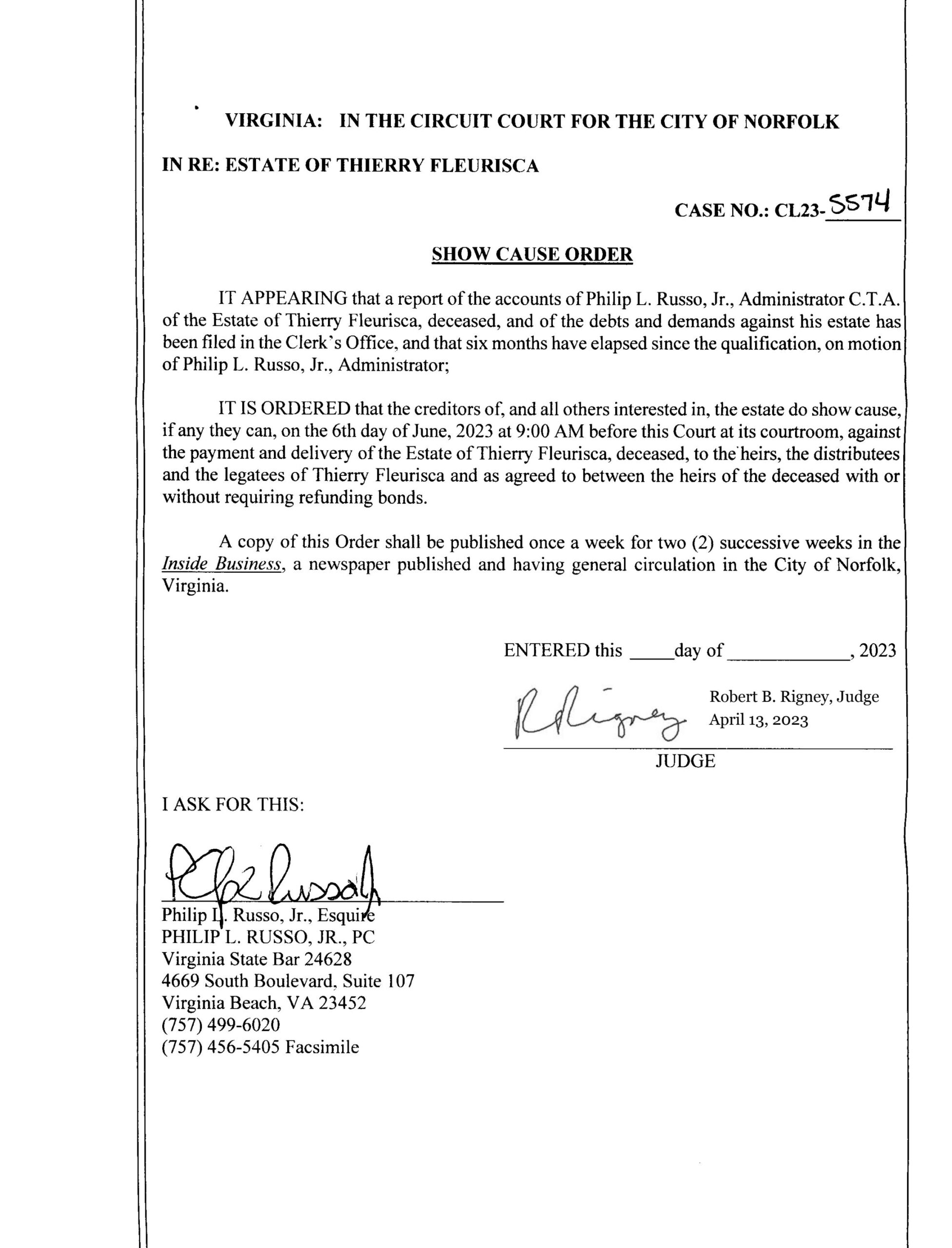 CL23-5574 SHOW CAUSE ORDER