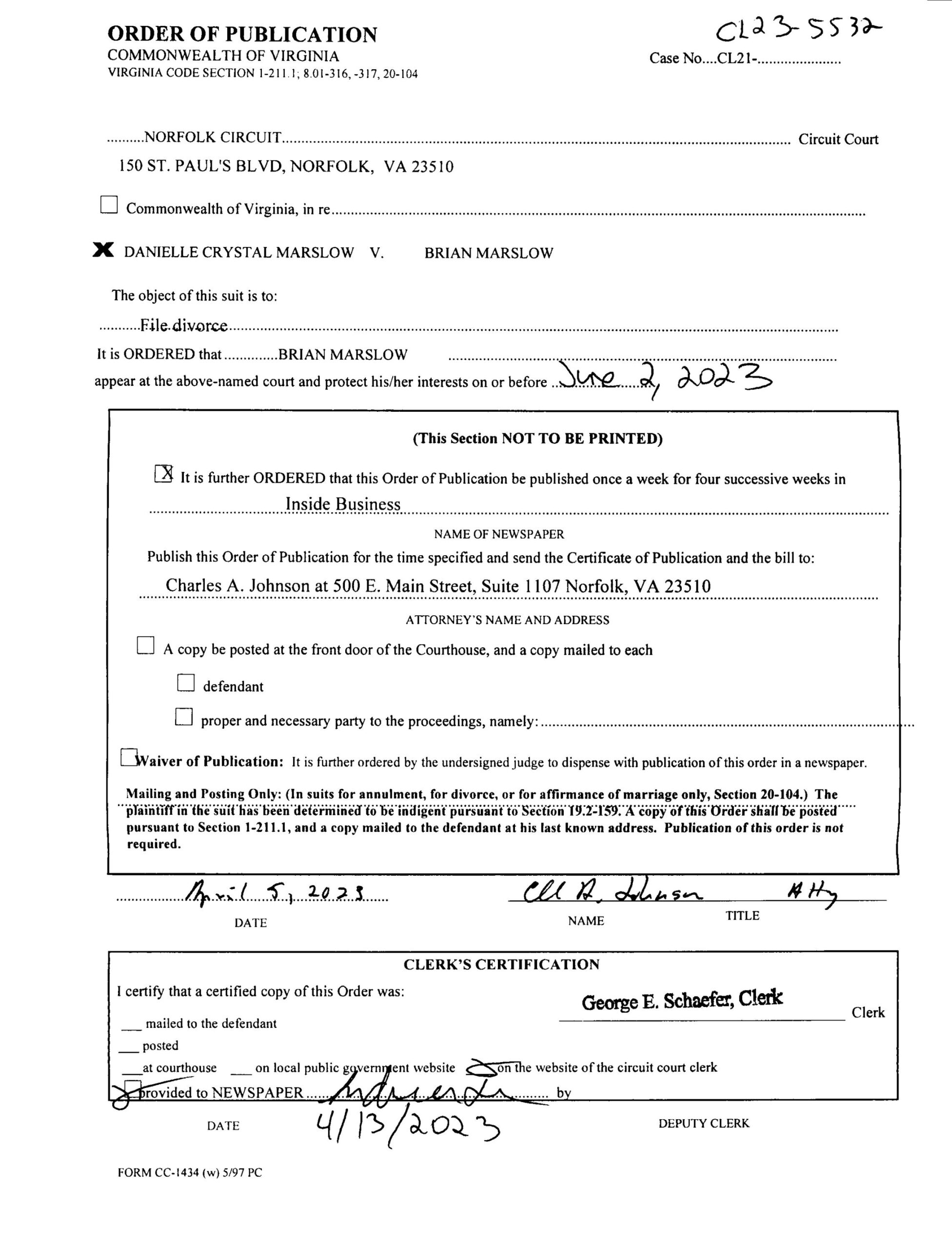 CL23-5532 ORDER OF PUBLICATION