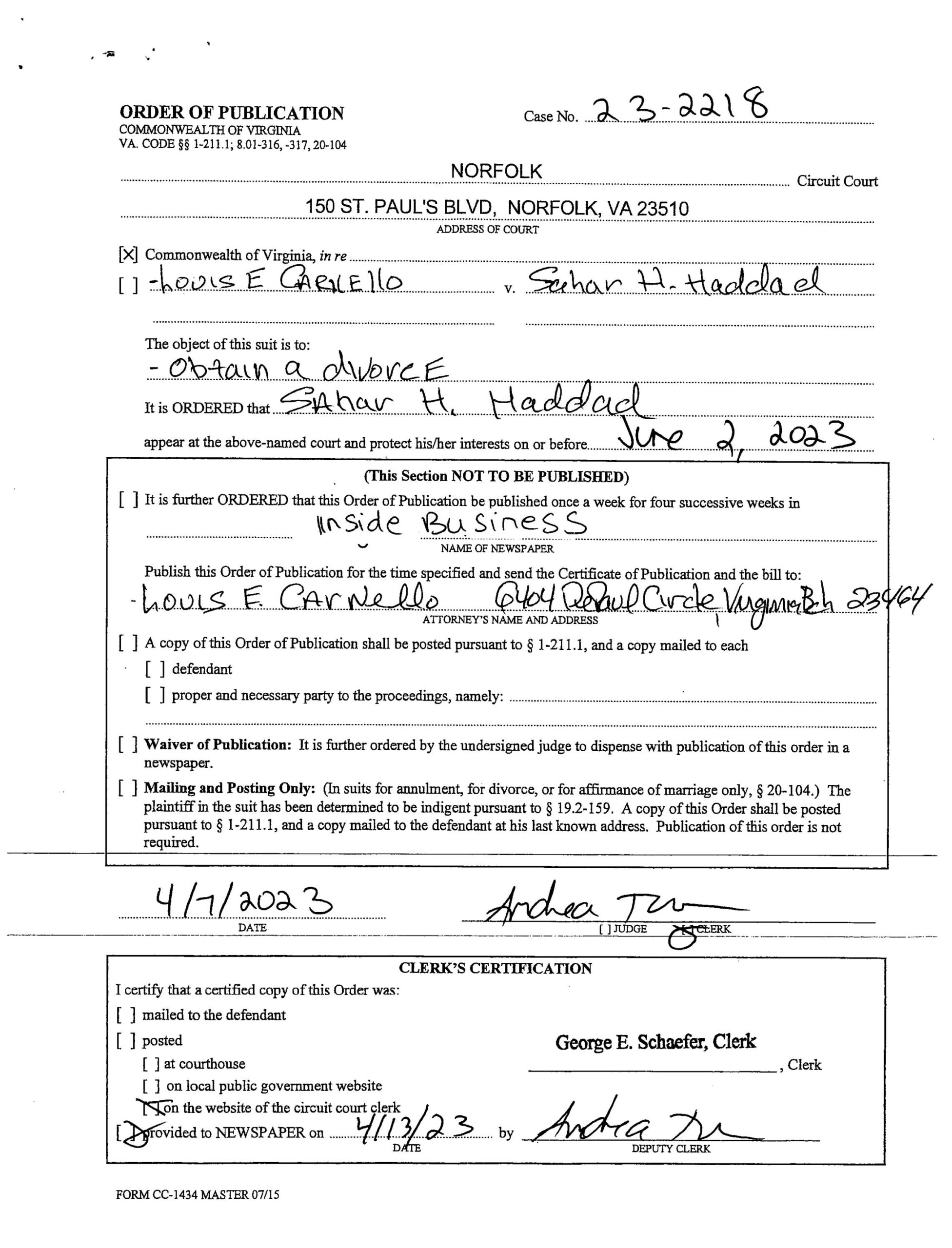 CL23-2218 ORDER OF PUBLICATION