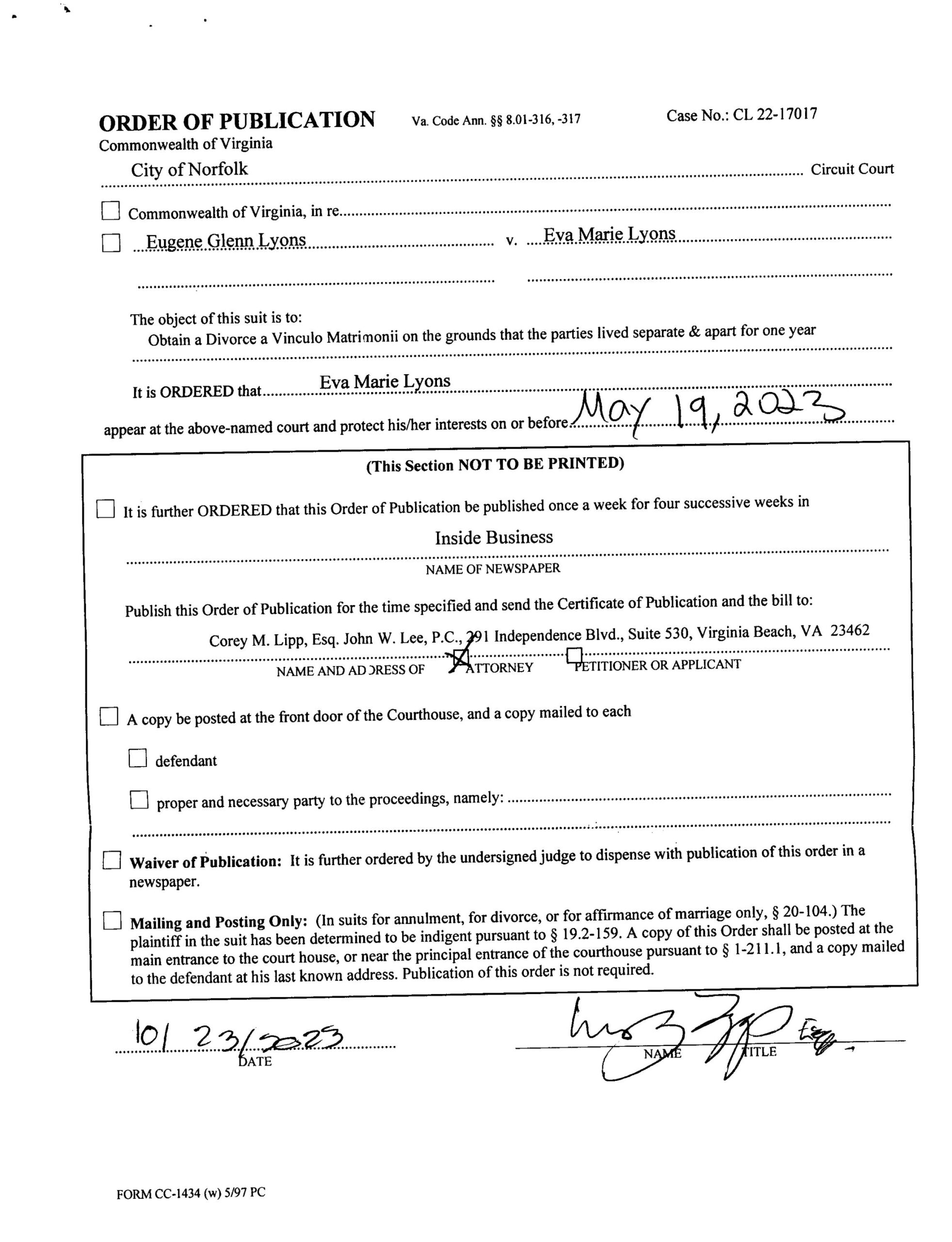 CL22-17017 ORDER OF PUBLICATION