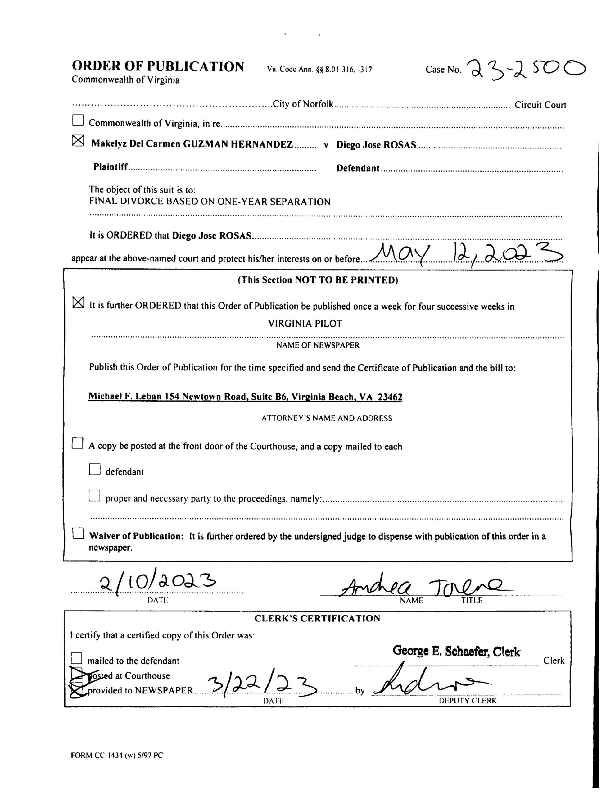 CL23-2500 ORDER OF PUBLICATION