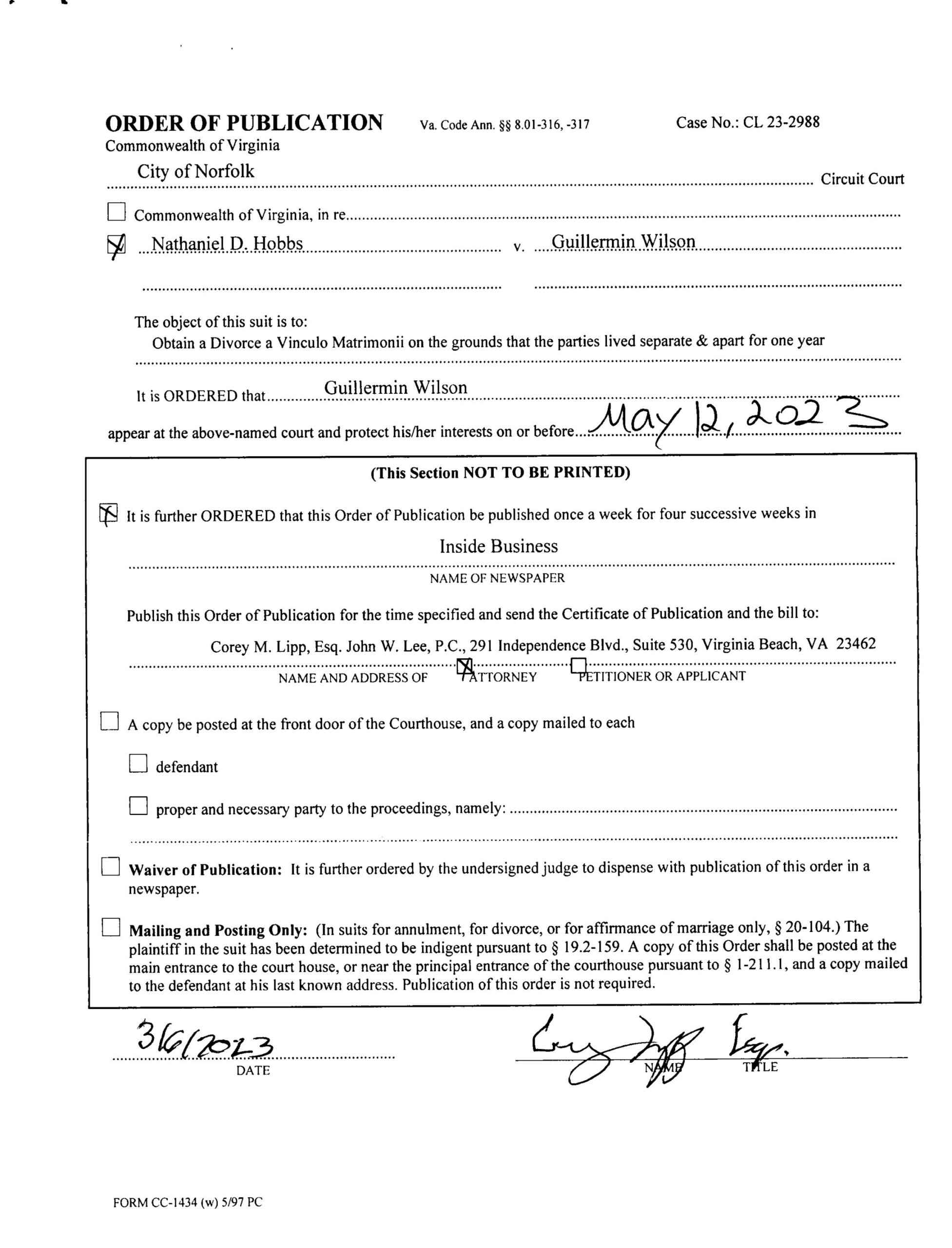 CL23-2988 ORDER OF PUBLICATION