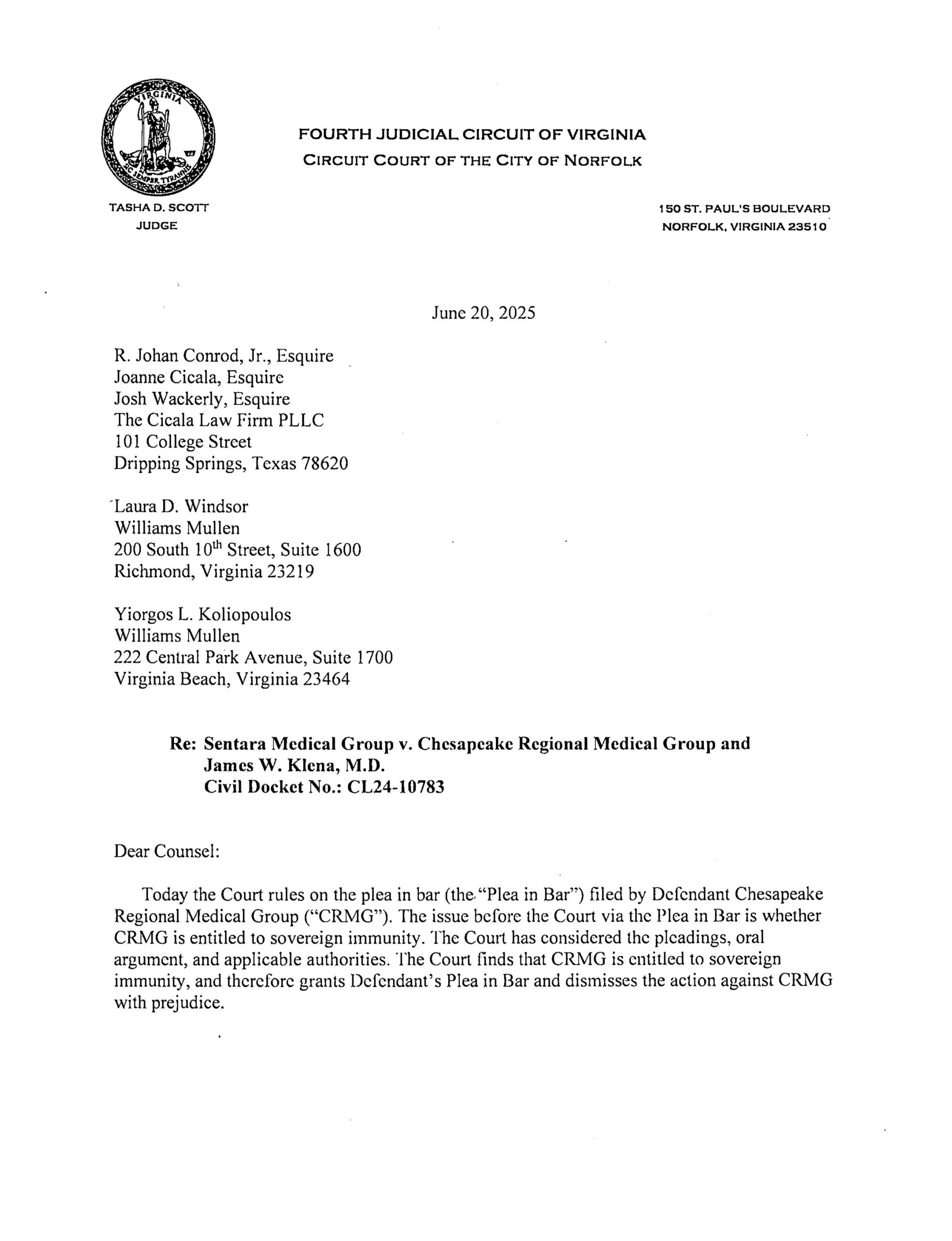 Sentara Medical v. Chesapeake Regional CL24-10783