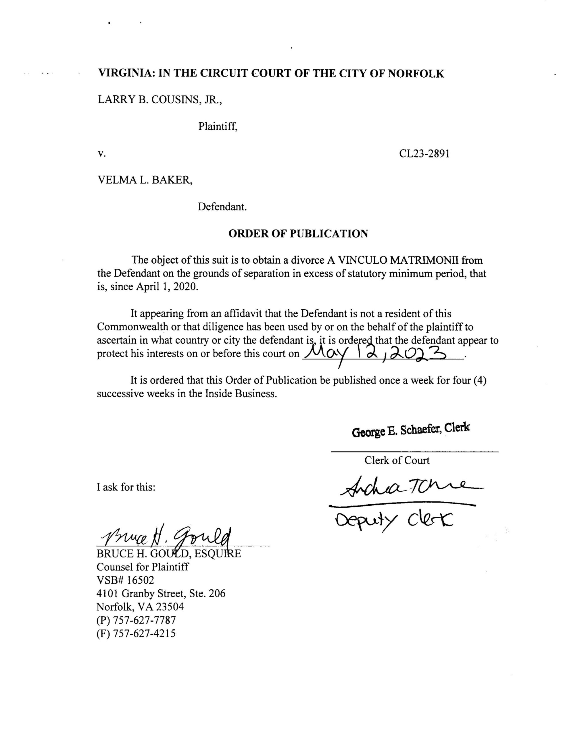 CL23-2891 ORDER OF PUBLICATION