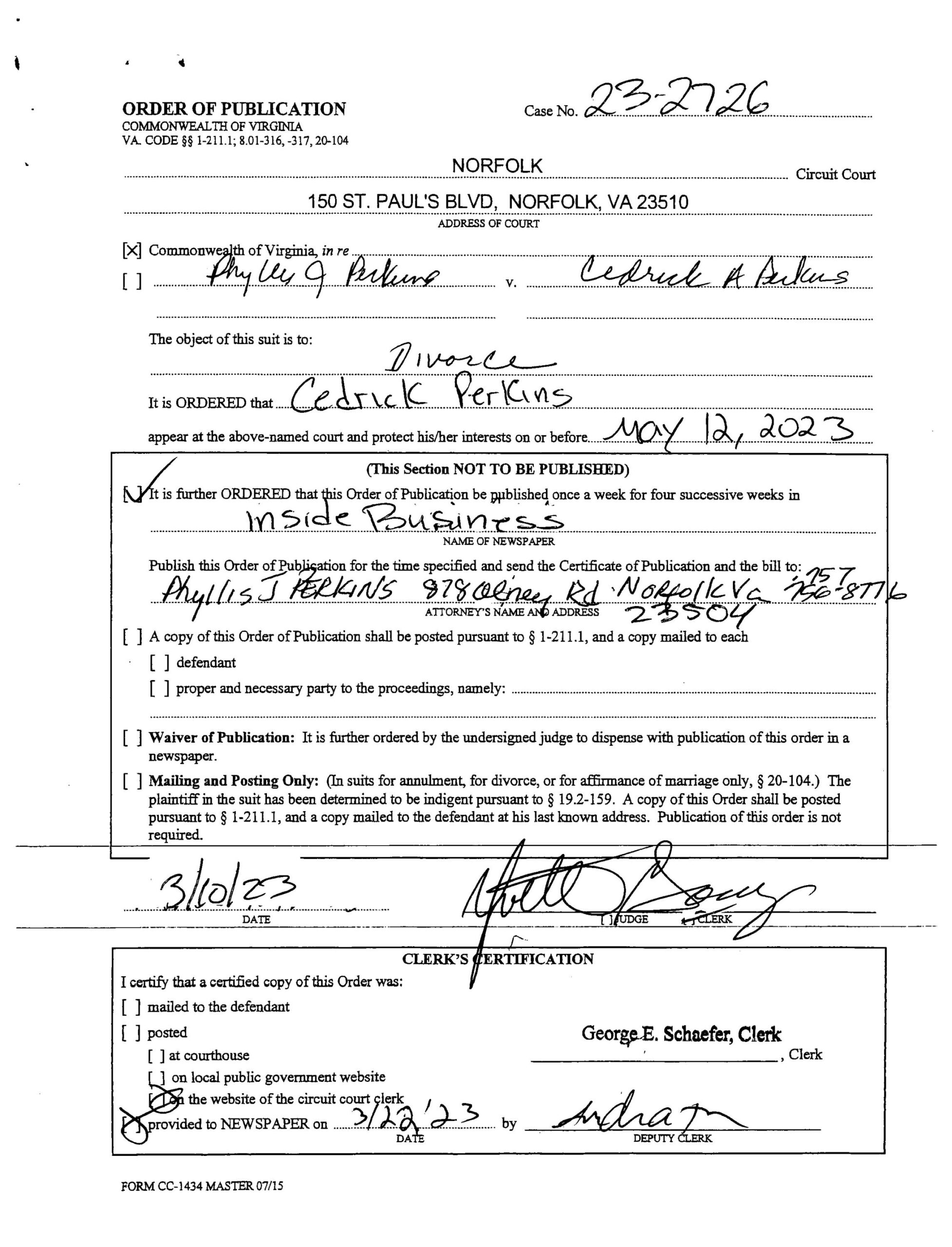 CL23-2726 ORDER OF PUBLICATION